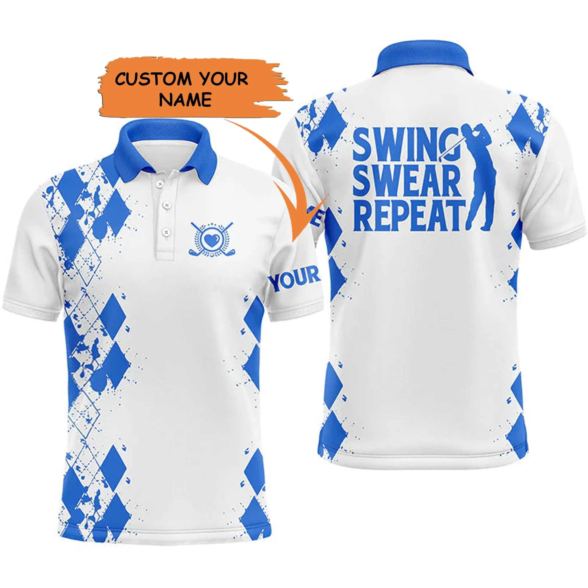 Custom Golf Men Polo Shirt - Argyle Pattern Custom Name Apparel, Swing Swear Repeat Men Golf Polo Shirt - Perfect Polo Shirt For Men, Golfers