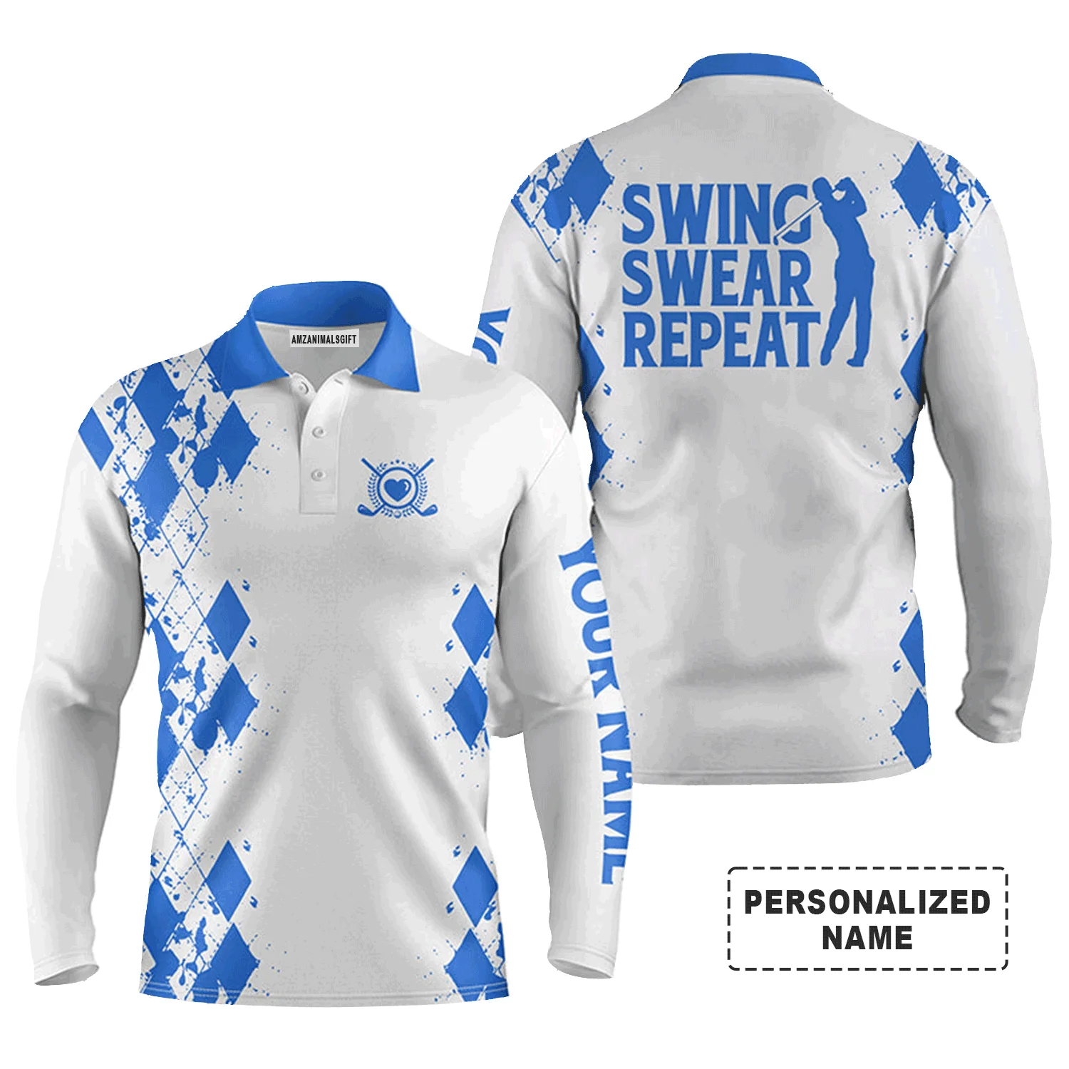 Custom Golf Men Polo Shirt - Argyle Pattern Custom Name Apparel, Swing Swear Repeat Men Golf Polo Shirt - Perfect Polo Shirt For Men, Golfers - Image 11