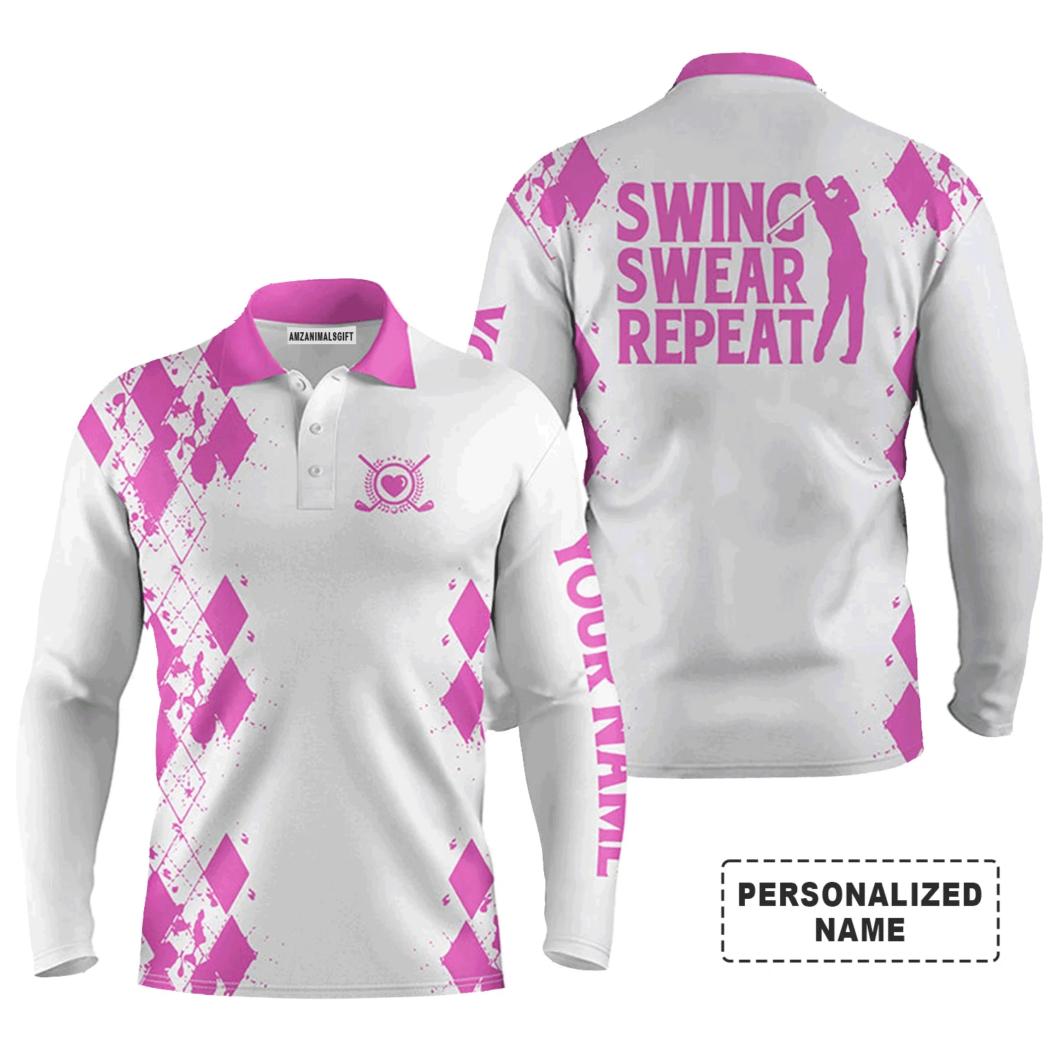 Custom Golf Men Polo Shirt - Argyle Pattern Custom Name Apparel, Swing Swear Repeat Men Golf Polo Shirt - Perfect Polo Shirt For Men, Golfers - Image 12