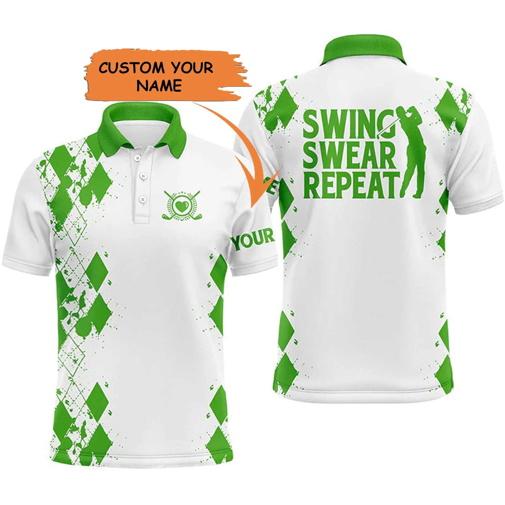 Custom Golf Men Polo Shirt - Argyle Pattern Custom Name Apparel, Swing Swear Repeat Men Golf Polo Shirt - Perfect Polo Shirt For Men, Golfers - Image 2