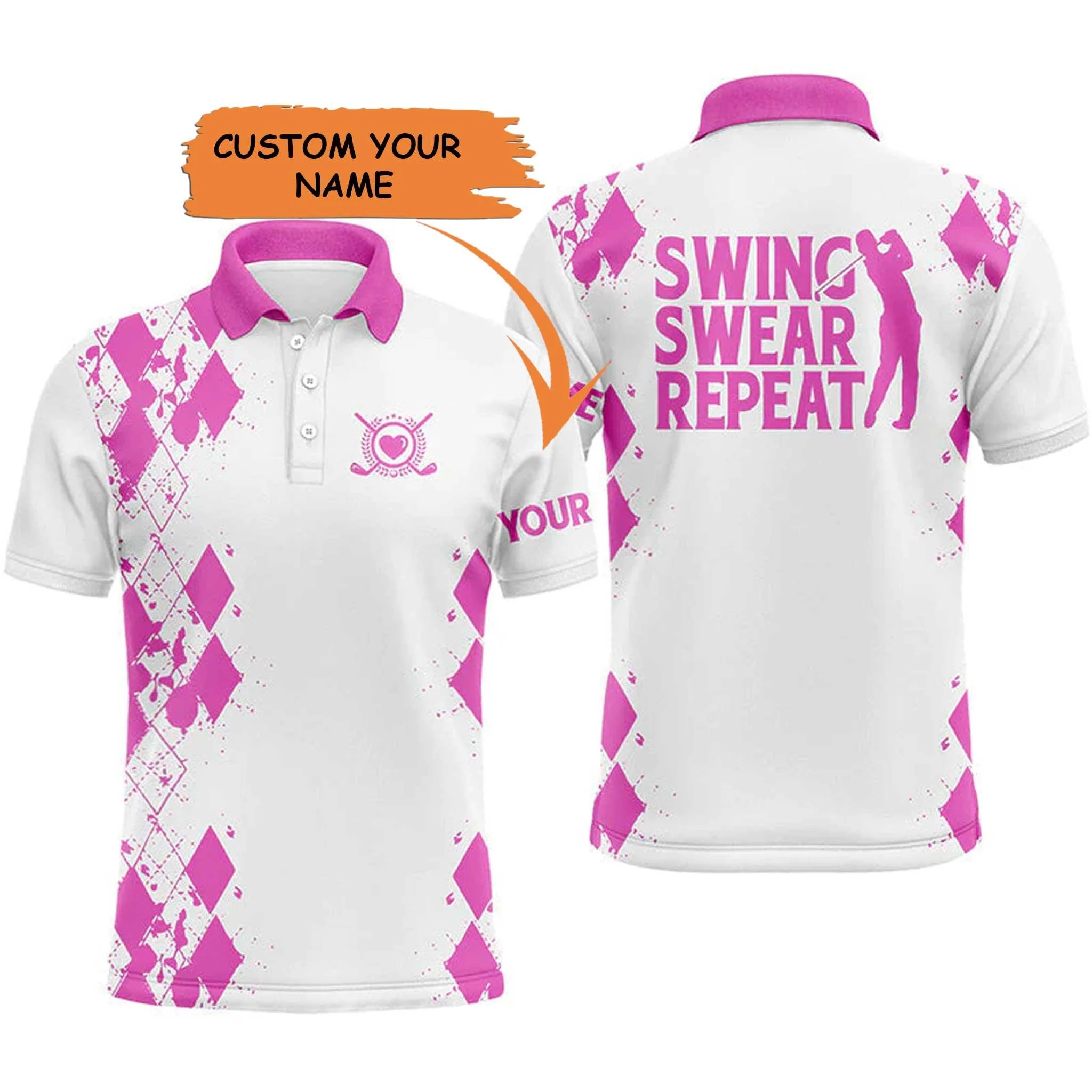 Custom Golf Men Polo Shirt - Argyle Pattern Custom Name Apparel, Swing Swear Repeat Men Golf Polo Shirt - Perfect Polo Shirt For Men, Golfers - Image 3