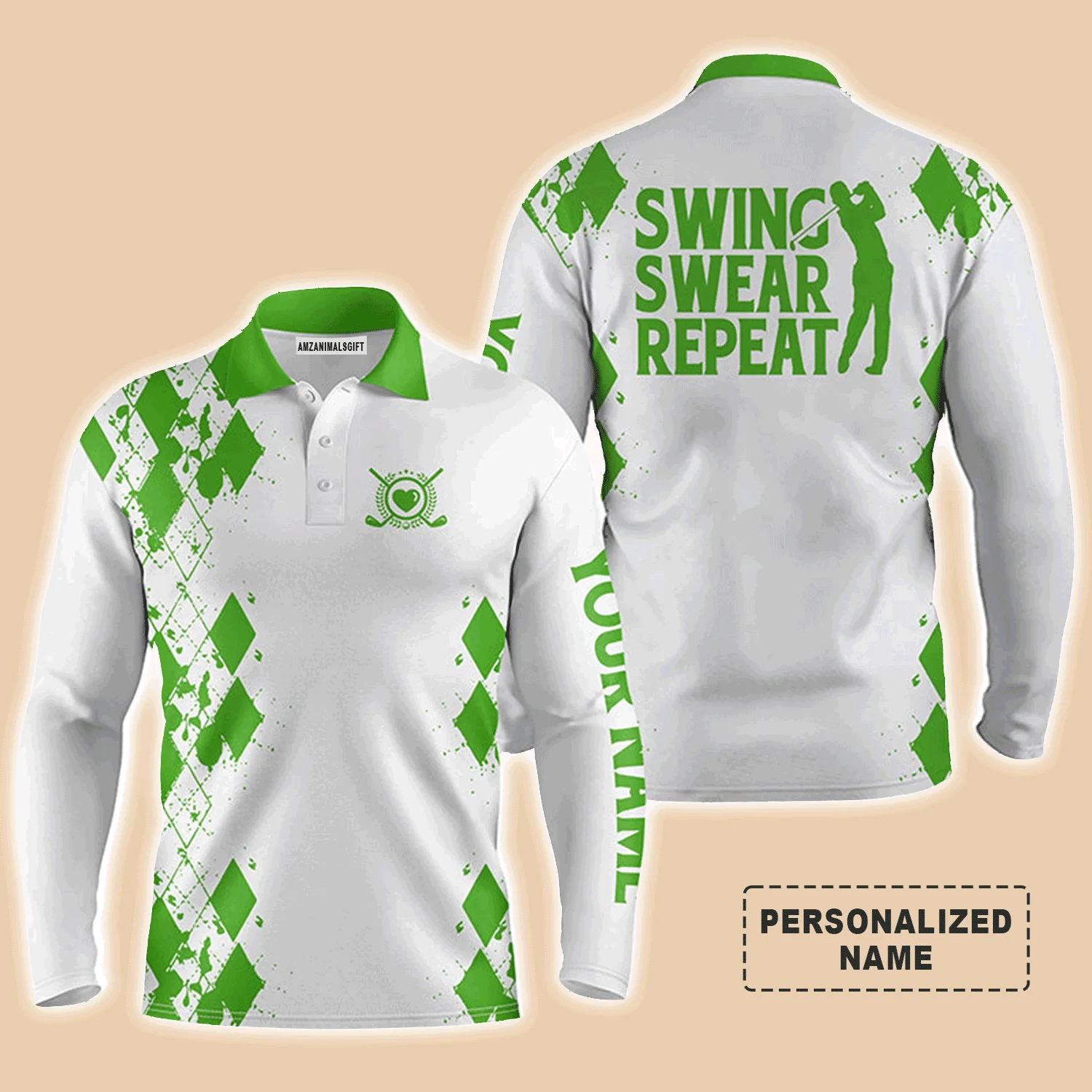 Custom Golf Men Polo Shirt - Argyle Pattern Custom Name Apparel, Swing Swear Repeat Men Golf Polo Shirt - Perfect Polo Shirt For Men, Golfers - Image 8