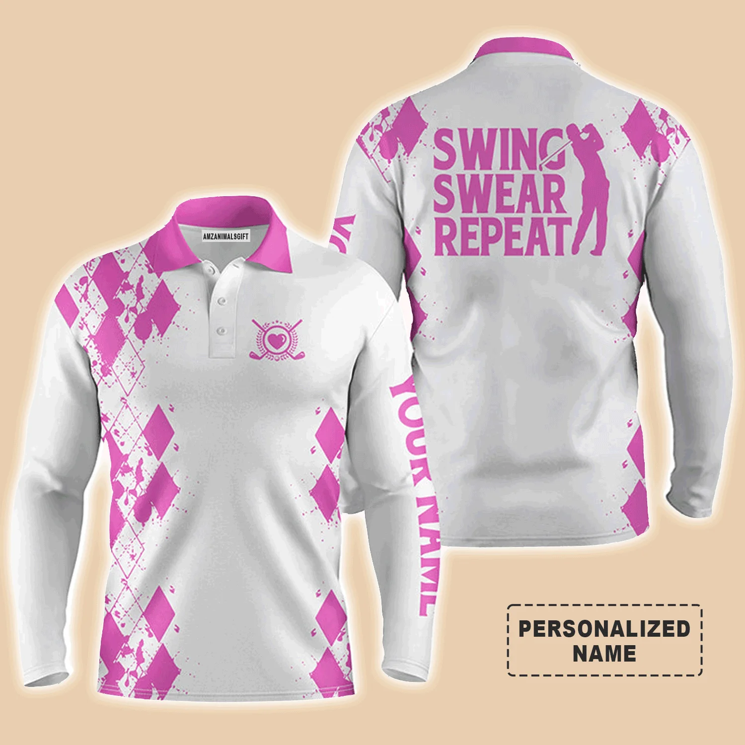 Custom Golf Men Polo Shirt - Argyle Pattern Custom Name Apparel, Swing Swear Repeat Men Golf Polo Shirt - Perfect Polo Shirt For Men, Golfers - Image 9