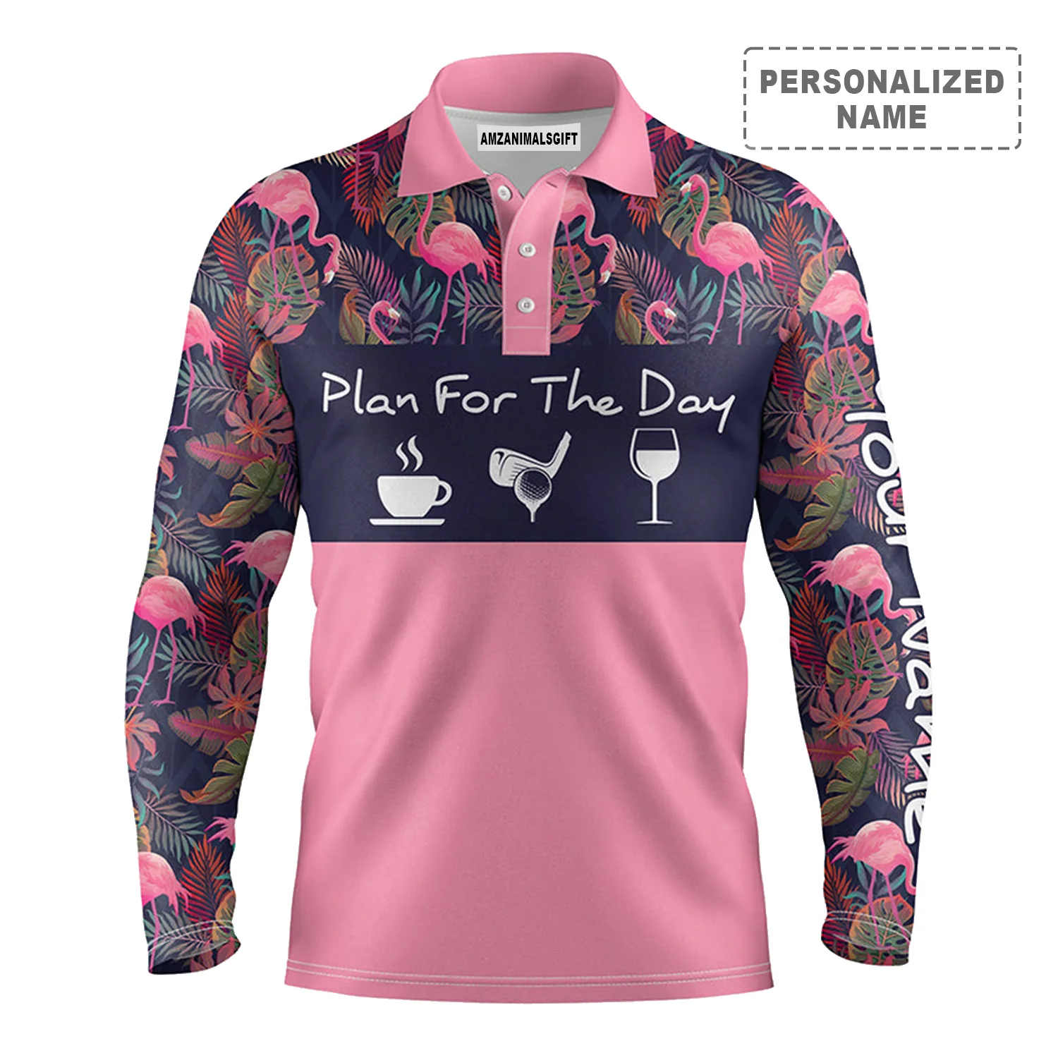 Custom Golf Men Polo Shirt - Custom Name Pink Flamingo And Palm Leaves - Plan For The Day Coffee Golf WinePersonalized Gift For Golf Lover, Team - Image 2