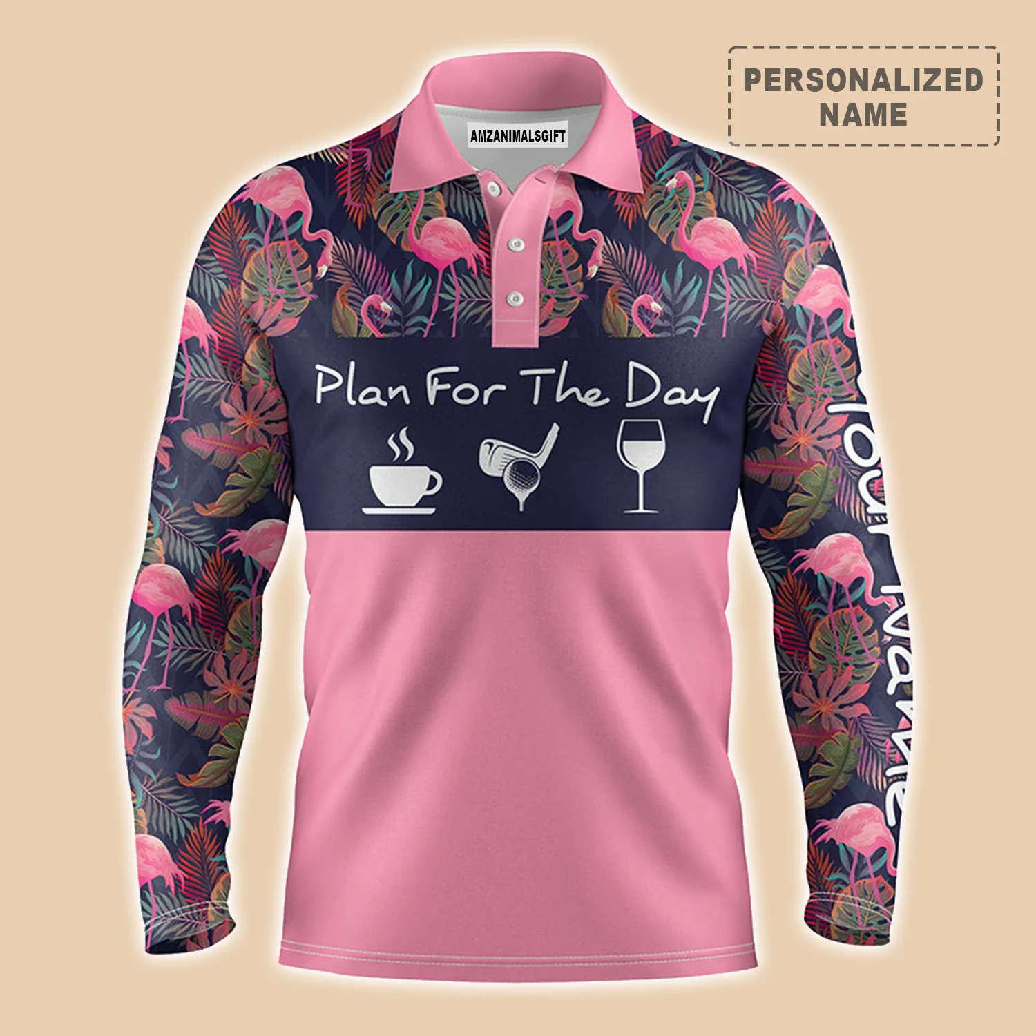 Custom Golf Men Polo Shirt - Custom Name Pink Flamingo And Palm Leaves - Plan For The Day Coffee Golf WinePersonalized Gift For Golf Lover, Team - Image 3
