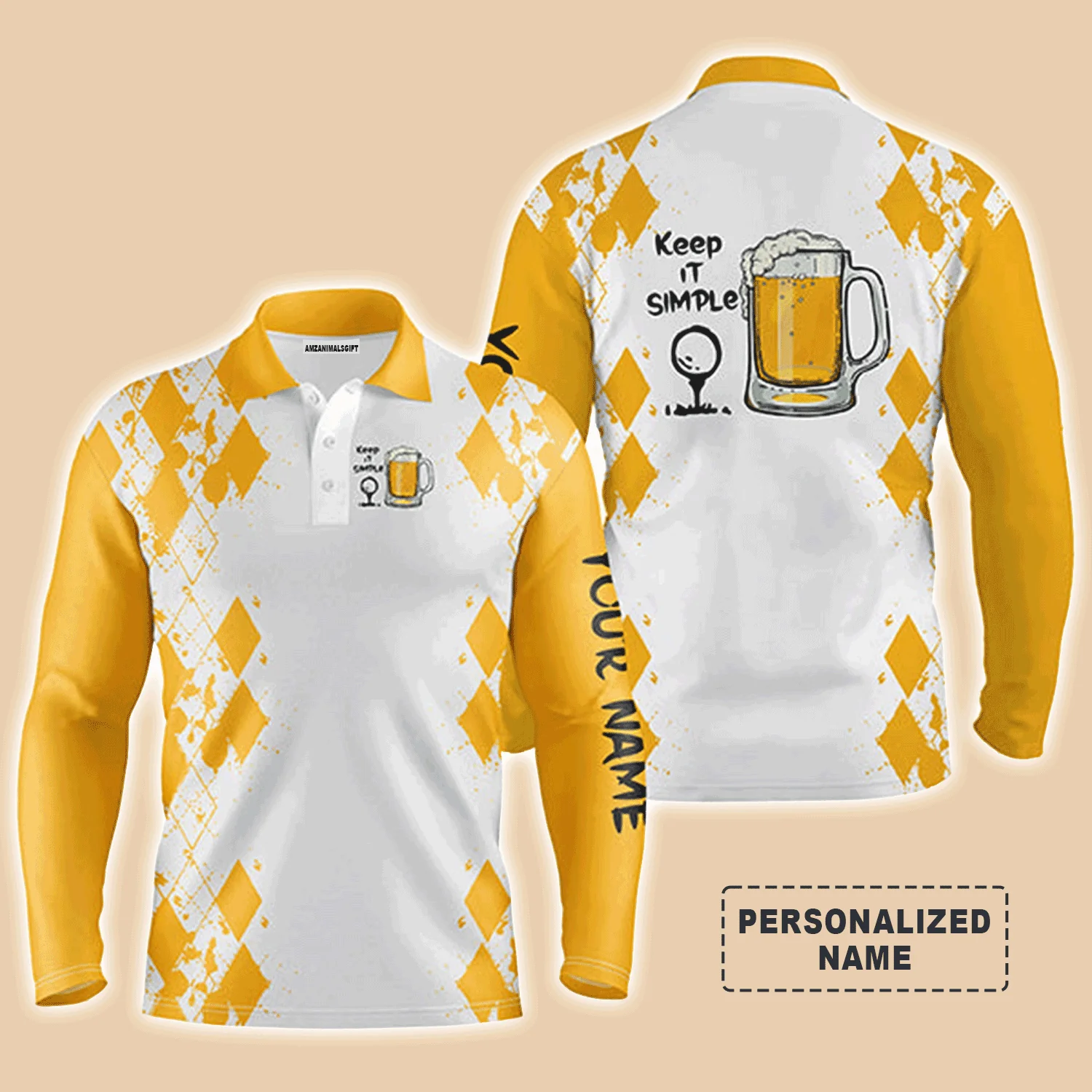Custom Golf Men Polo Shirt - Custom Name White Yellow Argyle Pattern Apparel - Keep It Simple Golf Polo Shirt - Perfect Polo Shirt For Men, Golfers - Image 4
