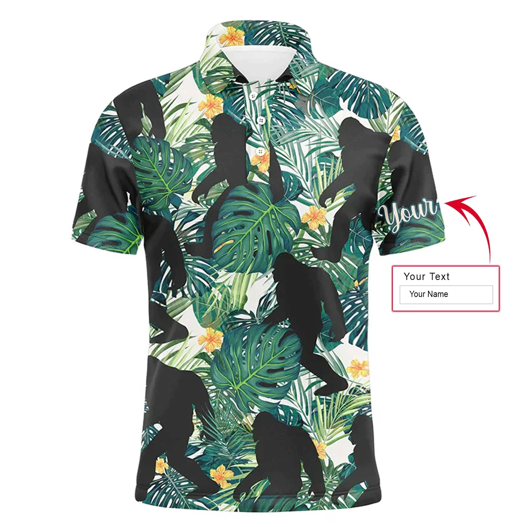 Custom Men Polo Shirt - Funny Bigfoot Men Polo Shirt, Custom Name Green Tropical Leaves Apparel Men Polo Shirt - Perfect Polo Shirt For Men