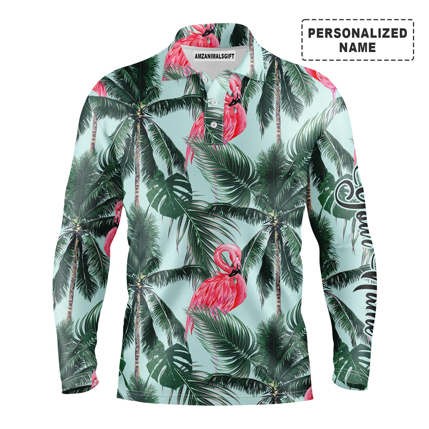 Custom Men Polo Shirt - Pink Flamingo Tropical Palm Leaves Custom Name Apparel Men Polo Shirt - Personalized Gift For Friends, Family - Image 2