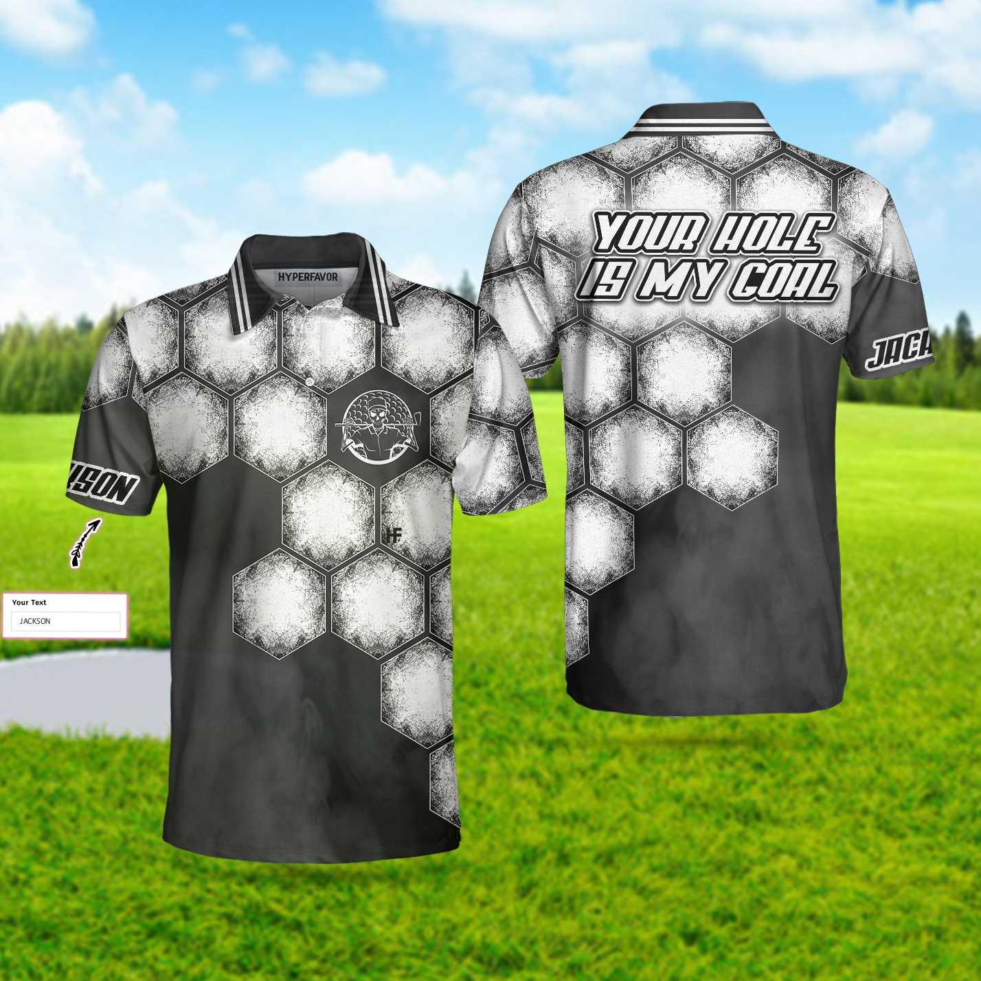 Custom Golf Men Polo Shirts - Your Hole Is My Goal Golf Ball Custom Name Polo Shirt, Black And White Personalized Golf Shirt - Perfect Gift For Men