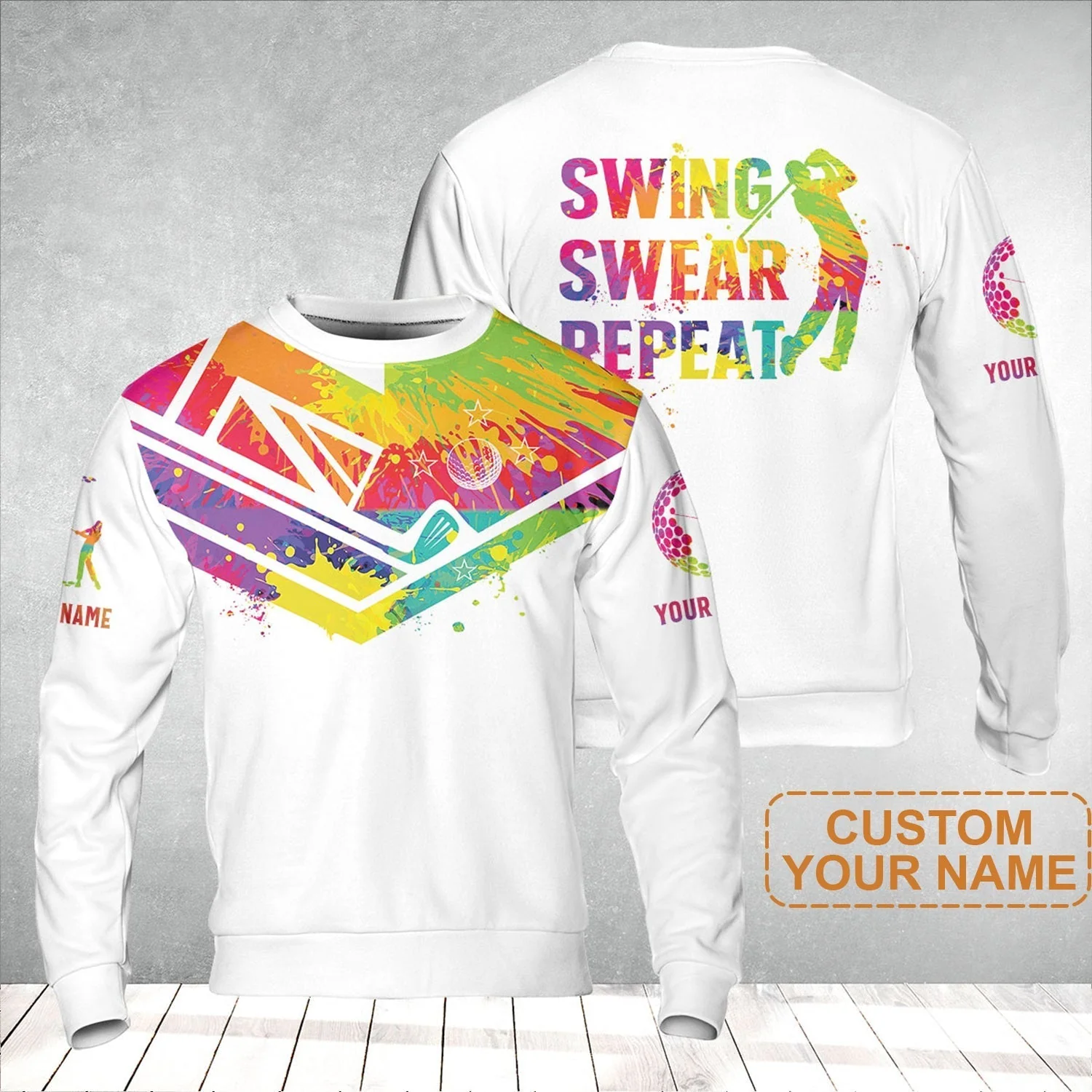 Custom Golf Sweatshirt - Watercolor New Zealand Flag Custom Name White Apparel, Swing Swear Repeat Sweatshirt - Perfect Shirt For Men - Image 2