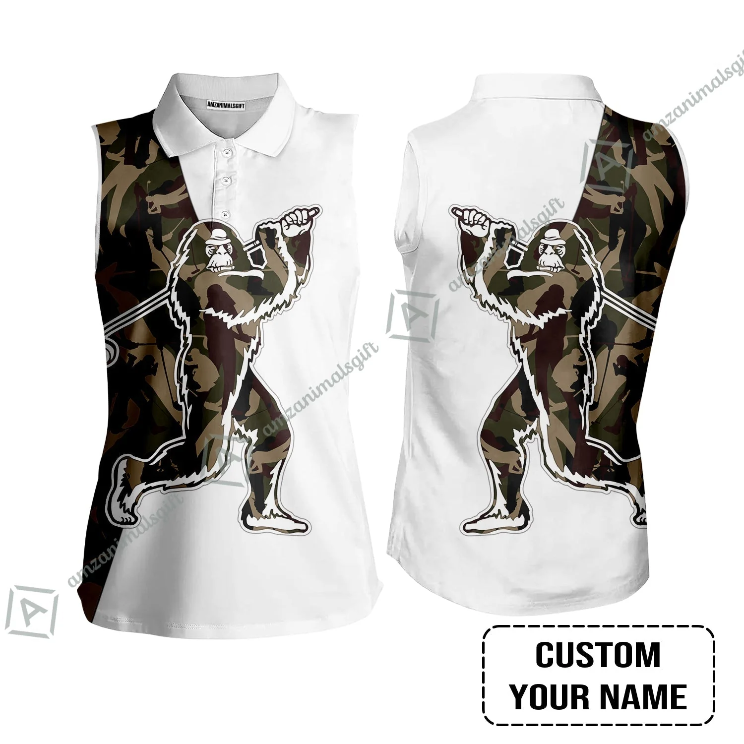 Custom Golf Women Polo Shirt - Funny Bigfoot Golf Polo Shirts, Camo Pattern Custom Name Sasquatch Playing Golf Apparel - Image 5
