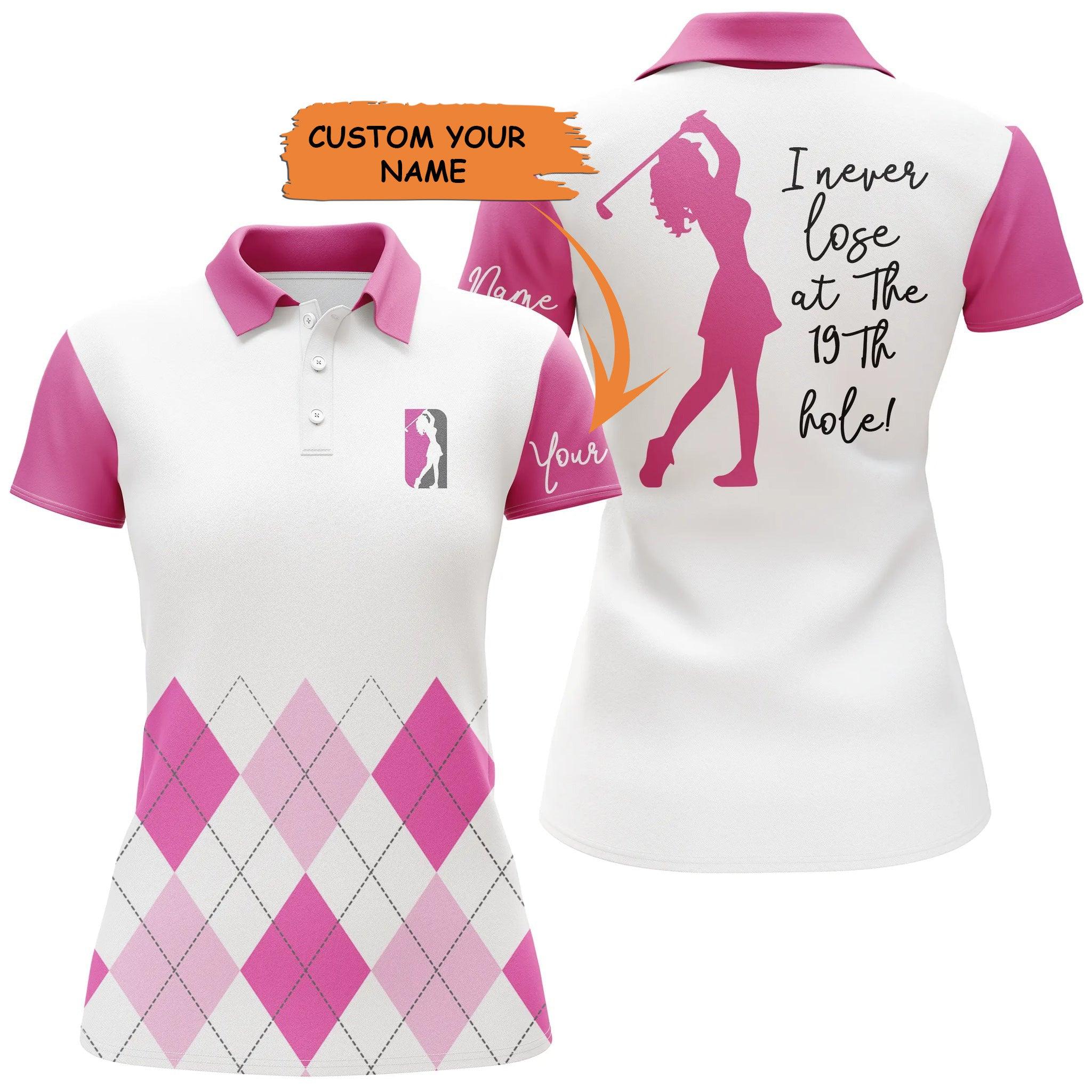 Custom Golf Women Polo Shirt - Women Golf Polo Shirt Custom Pink Argyle Plaid Golf Top For Ladies I Never Lose - Perfect Polo Shirt For Women