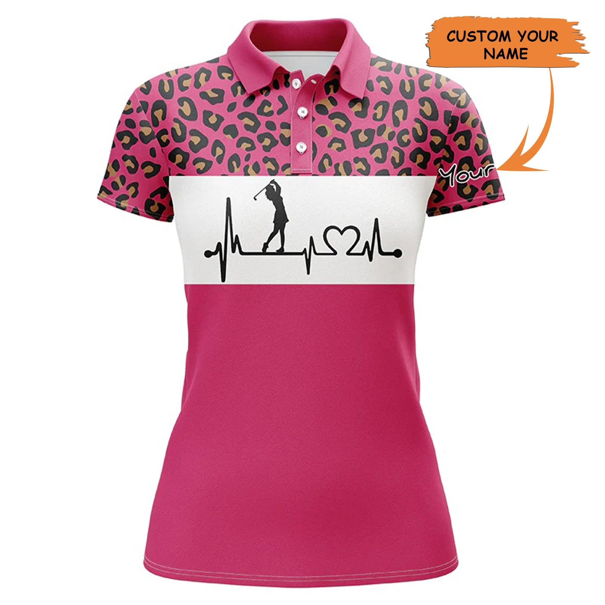 Custom Golf Women Polo Shirt - Women Golf Polo Shirt Golf Heartbeat Custom Name Leopard Golf Shirt - Perfect Polo Shirt For Women