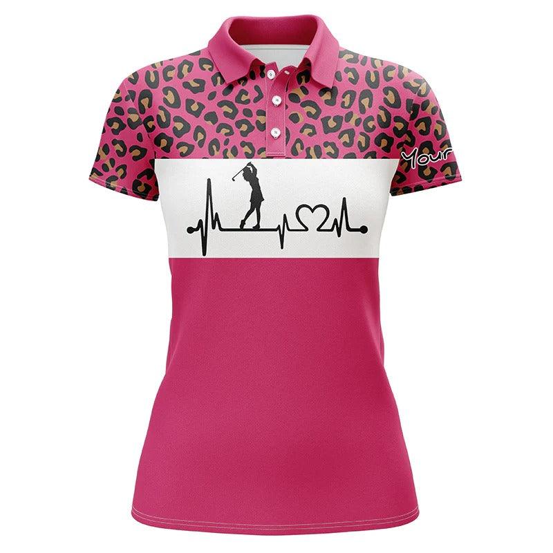 Custom Golf Women Polo Shirt - Women Golf Polo Shirt Golf Heartbeat Custom Name Leopard Golf Shirt - Perfect Polo Shirt For Women - Image 2
