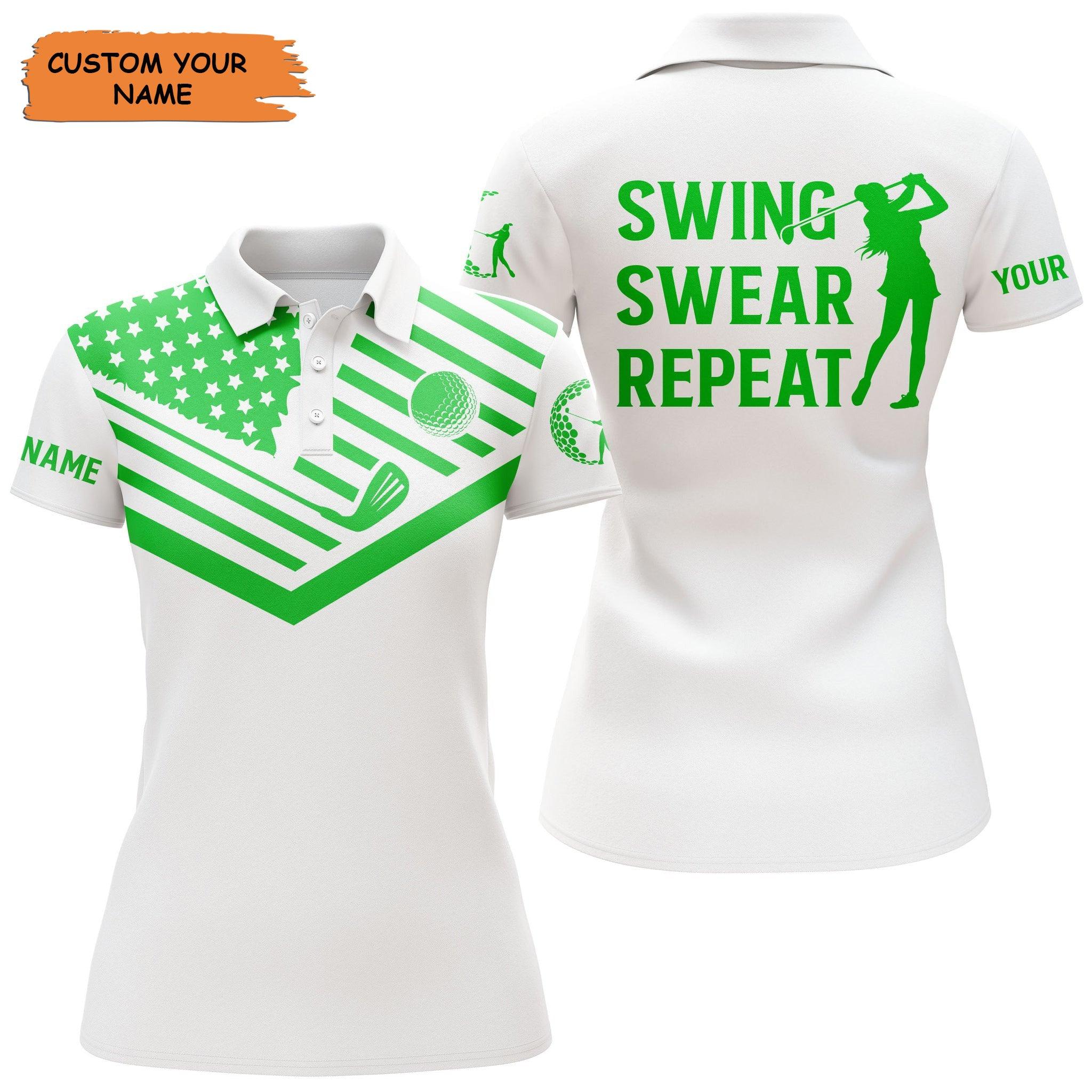 Custom Golf Women Polo Shirt - Women Golf Polo Shirt Green American Flag Custom Name Swing Swear Repeat - Perfect Polo Shirt For Women