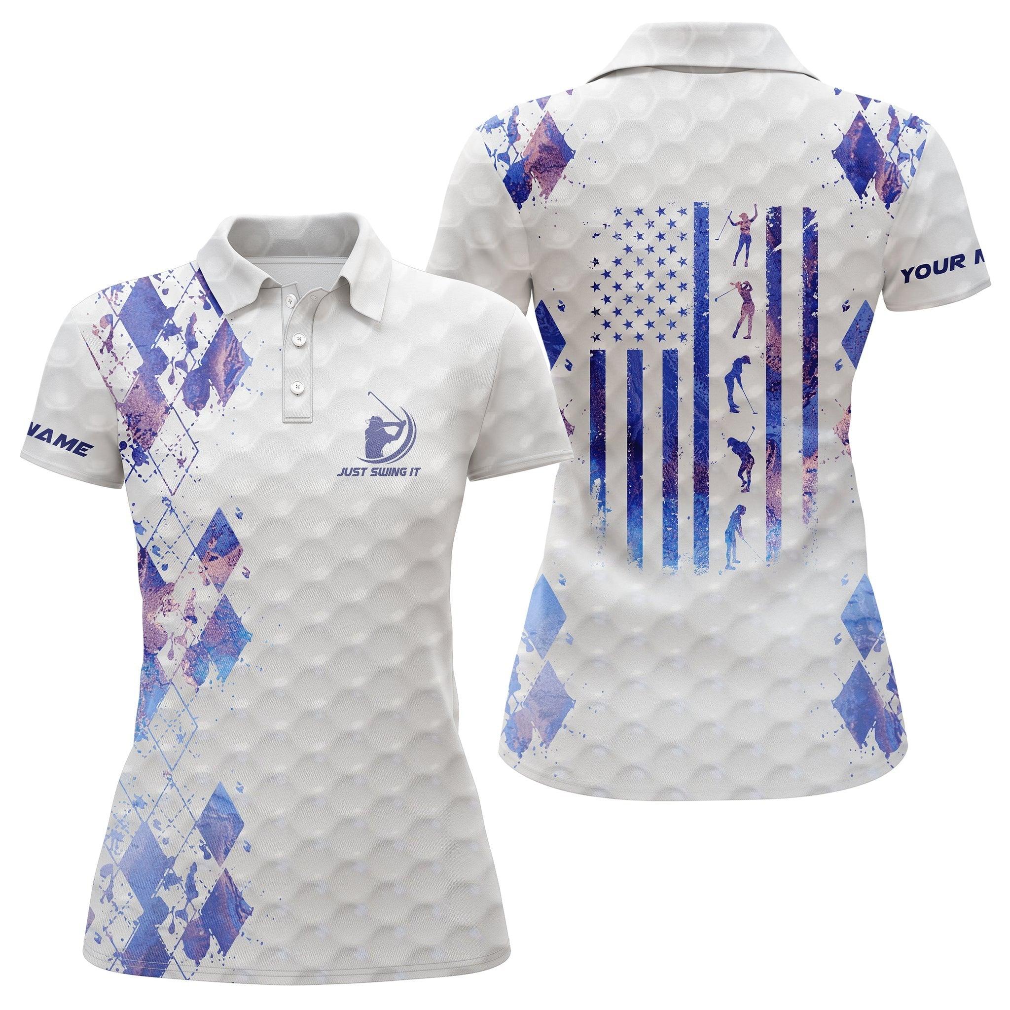 Custom Golf Women Polo Shirt, Women Golf Polo Shirt Just Swing It American Flag Patriotic Custom Name Galaxy White - Perfect Polo Shirt For Women - Image 2