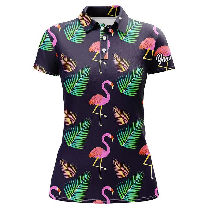 Custom Women Polo Shirt, Women Polo Shirt Neon Flamingo Tropical Pattern Custom Team Flamingo Shirts - Perfect Polo Shirt For Women - Image 2
