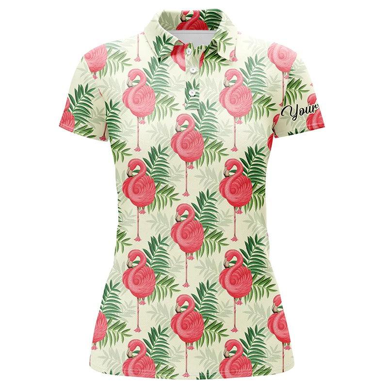 Custom Golf Women Polo Shirt - Women Golf Polo Shirts Pink Flamingo Green Tropical Leaf Pattern Custom Name Team - Perfect Polo Shirt For Women - Image 2