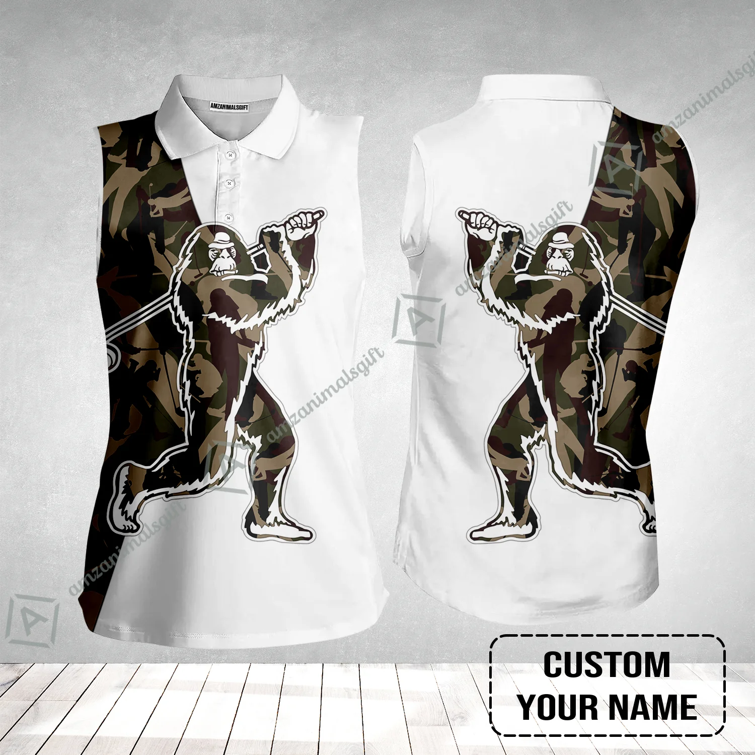 Custom Golf Women Sleeveless Polo Shirt - Funny Bigfoot Golf Polo Shirts, Camo Pattern Custom Name Sasquatch Playing Golf Apparel - Image 2
