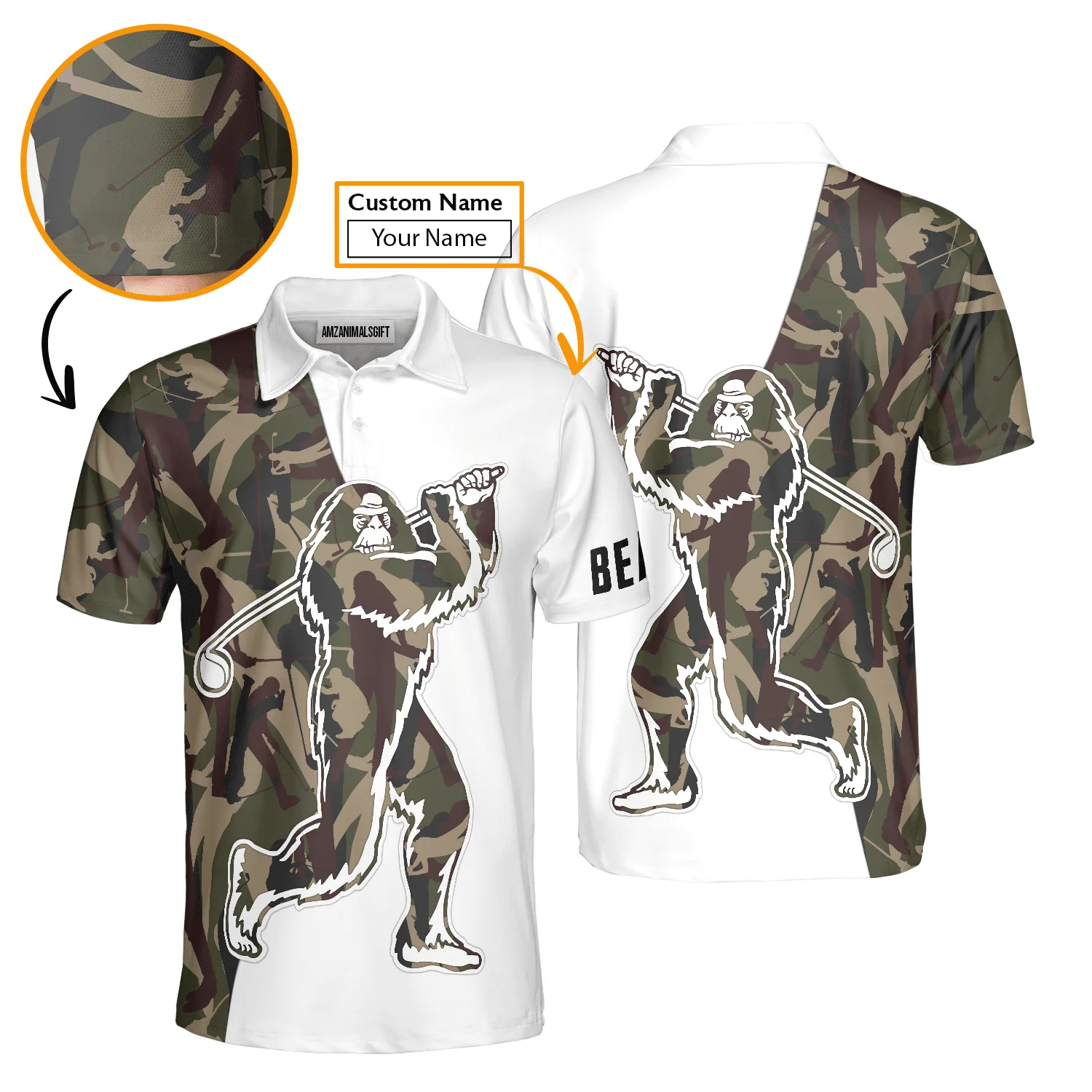 Custom Golf Women Sleeveless Polo Shirt - Funny Bigfoot Golf Polo Shirts, Camo Pattern Custom Name Sasquatch Playing Golf Apparel - Image 5