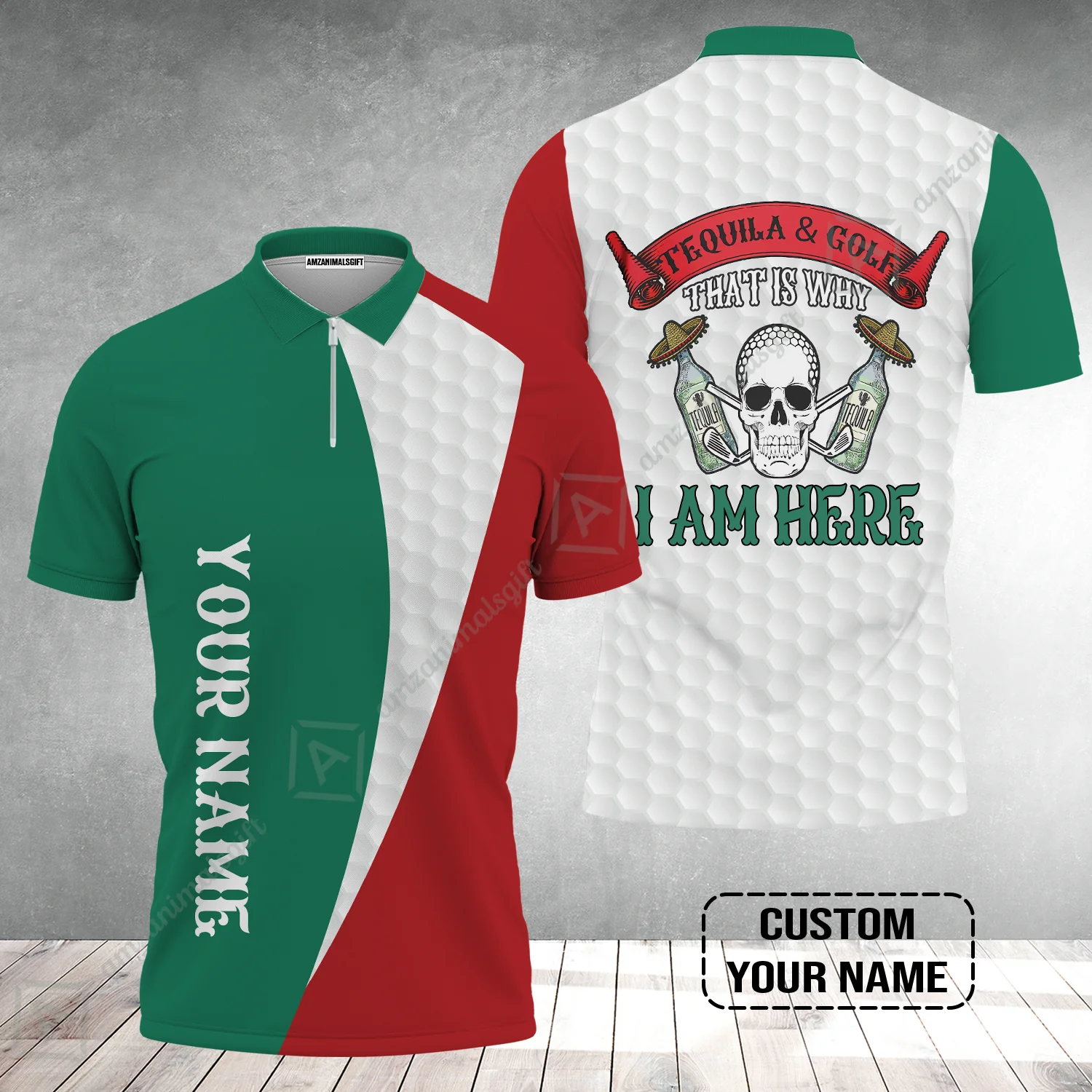Custom Golf Zip Polo Shirt - Golf Men Custom Name Zip Polo Shirt, Tequila & Golf, Skull Golf Custom Zip Polo Shirt - Image 2
