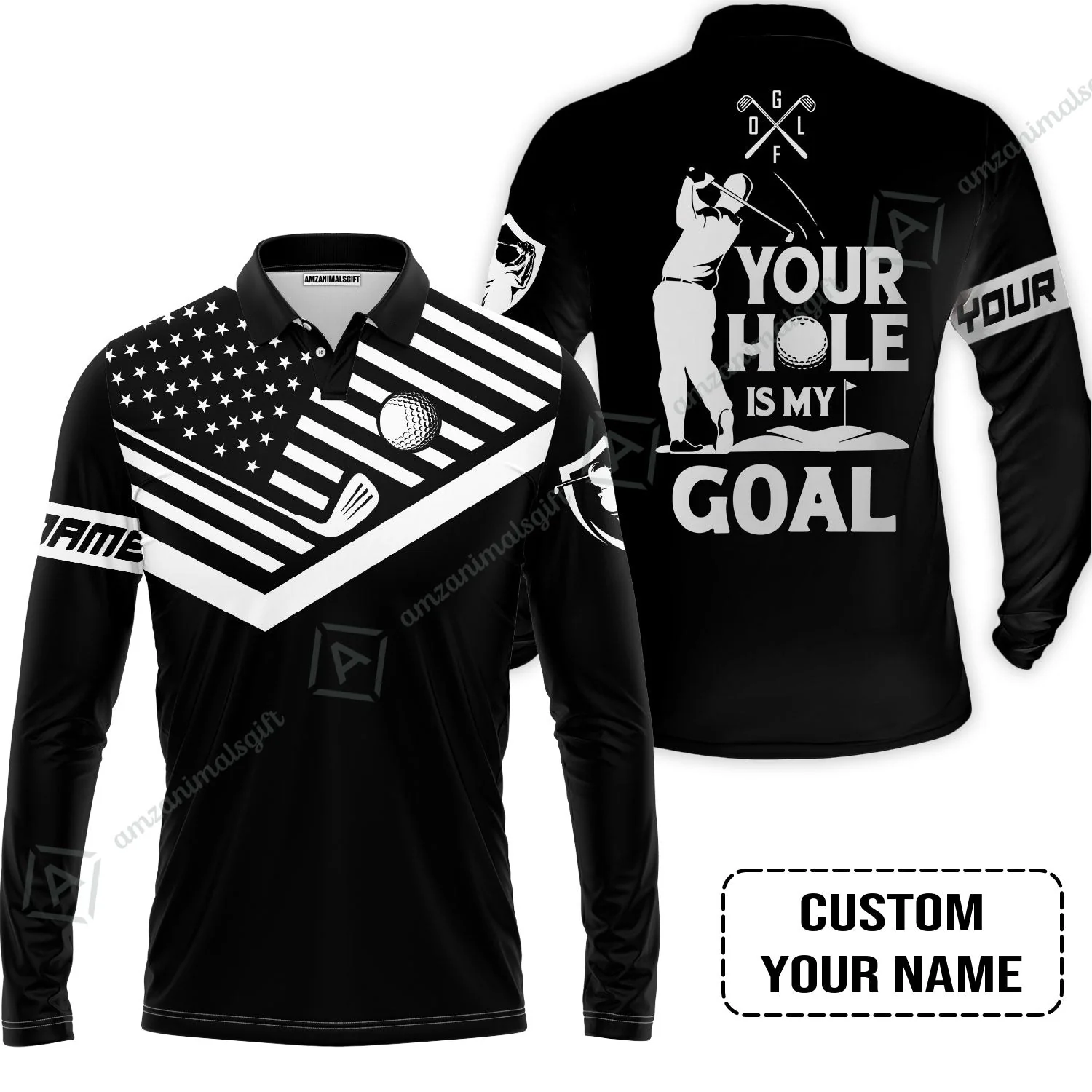 Custom Golf Zip Polo Shirt - Your Hole Is My Goal Custom Name Black American Flag Zip Polo Shirt - Image 3