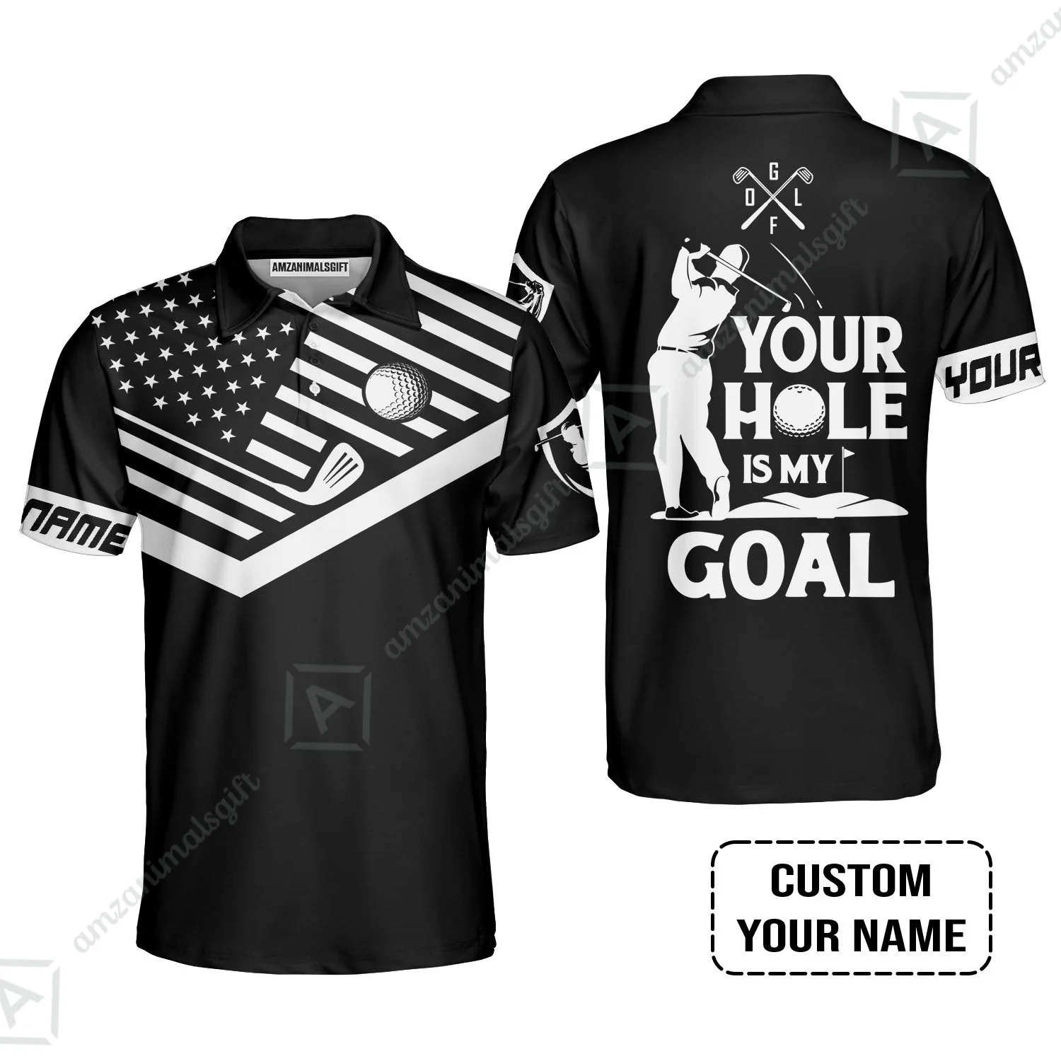 Custom Golf Zip Polo Shirt - Your Hole Is My Goal Custom Name Black American Flag Zip Polo Shirt - Image 4