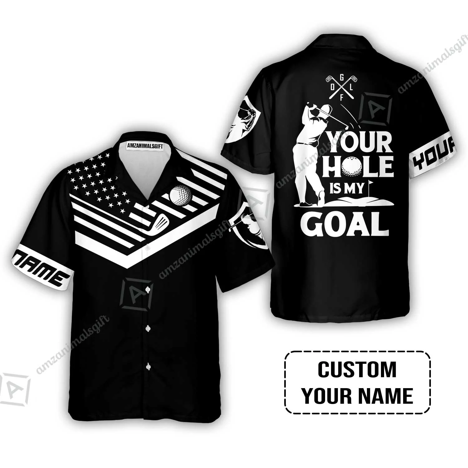 Custom Golf Zip Polo Shirt - Your Hole Is My Goal Custom Name Black American Flag Zip Polo Shirt - Image 5