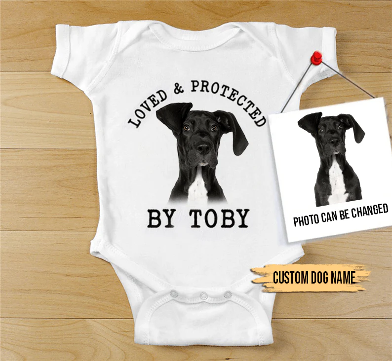 Custom Great Dane Baby Onesies, Loved & Protected By Custom Dog Newborn Onesies, Personalized Onesies - Perfect Gift For Baby, Baby Gift Onesie