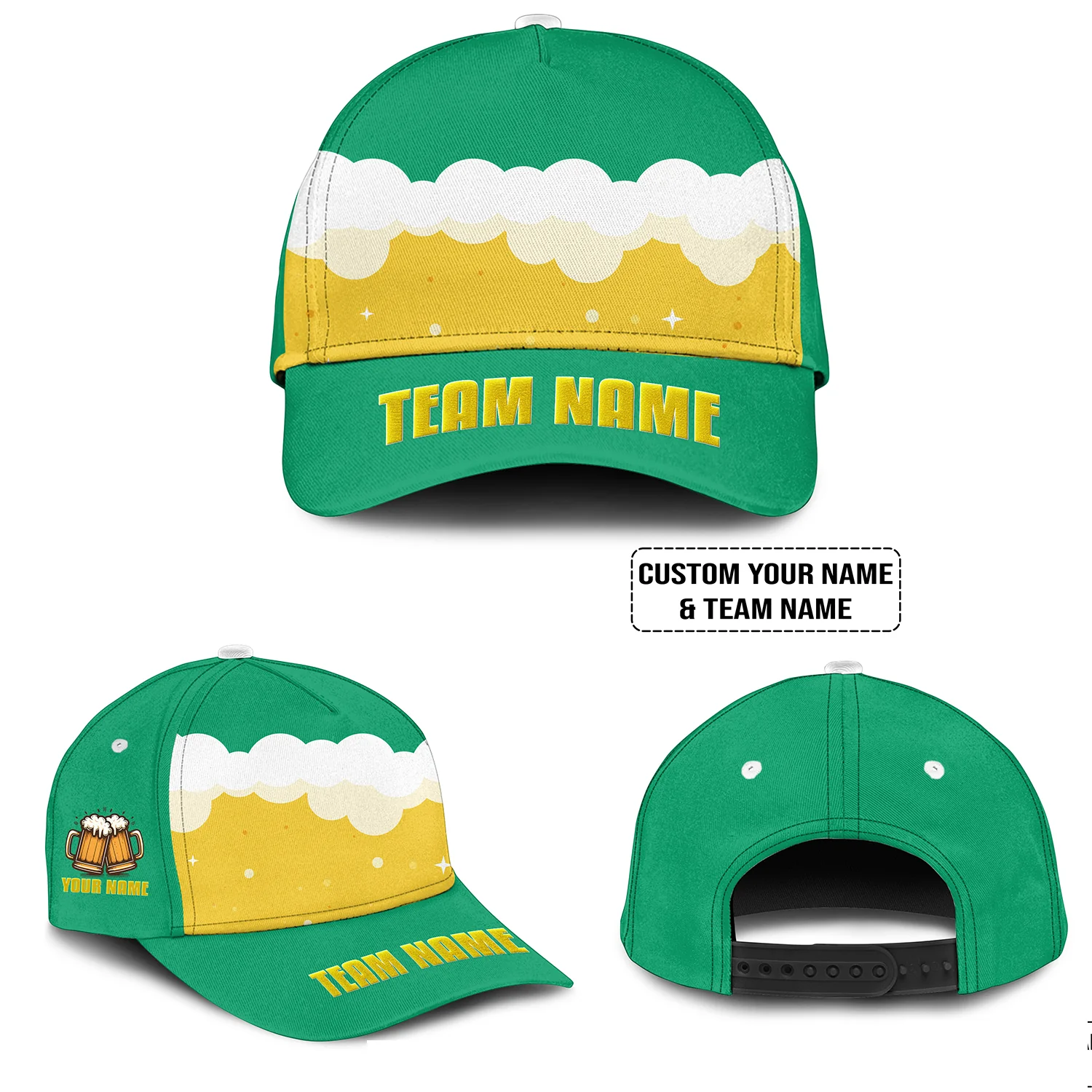Custom Green White Yellow Beer Pattern Design Oktoberfest Beer Festival Performance Embroidered Cap