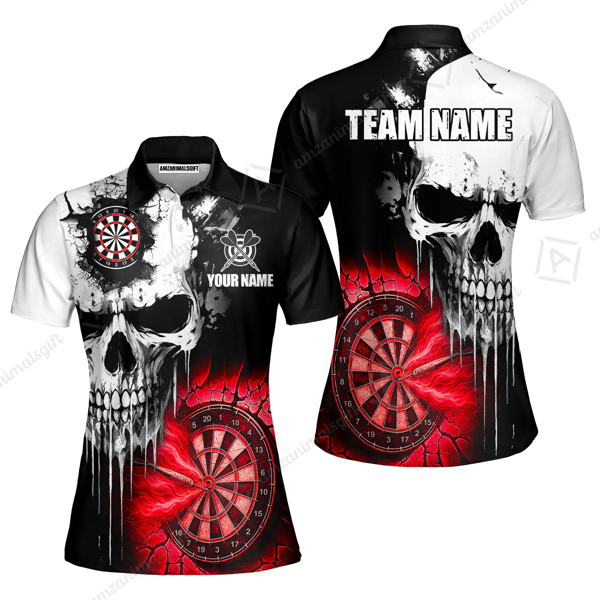 Custom Grunge Skull Crack Wall Darts Team Women Polo Shirts, Customized Name Team Name Darts Polo Team Jerseys Uniform - Image 4