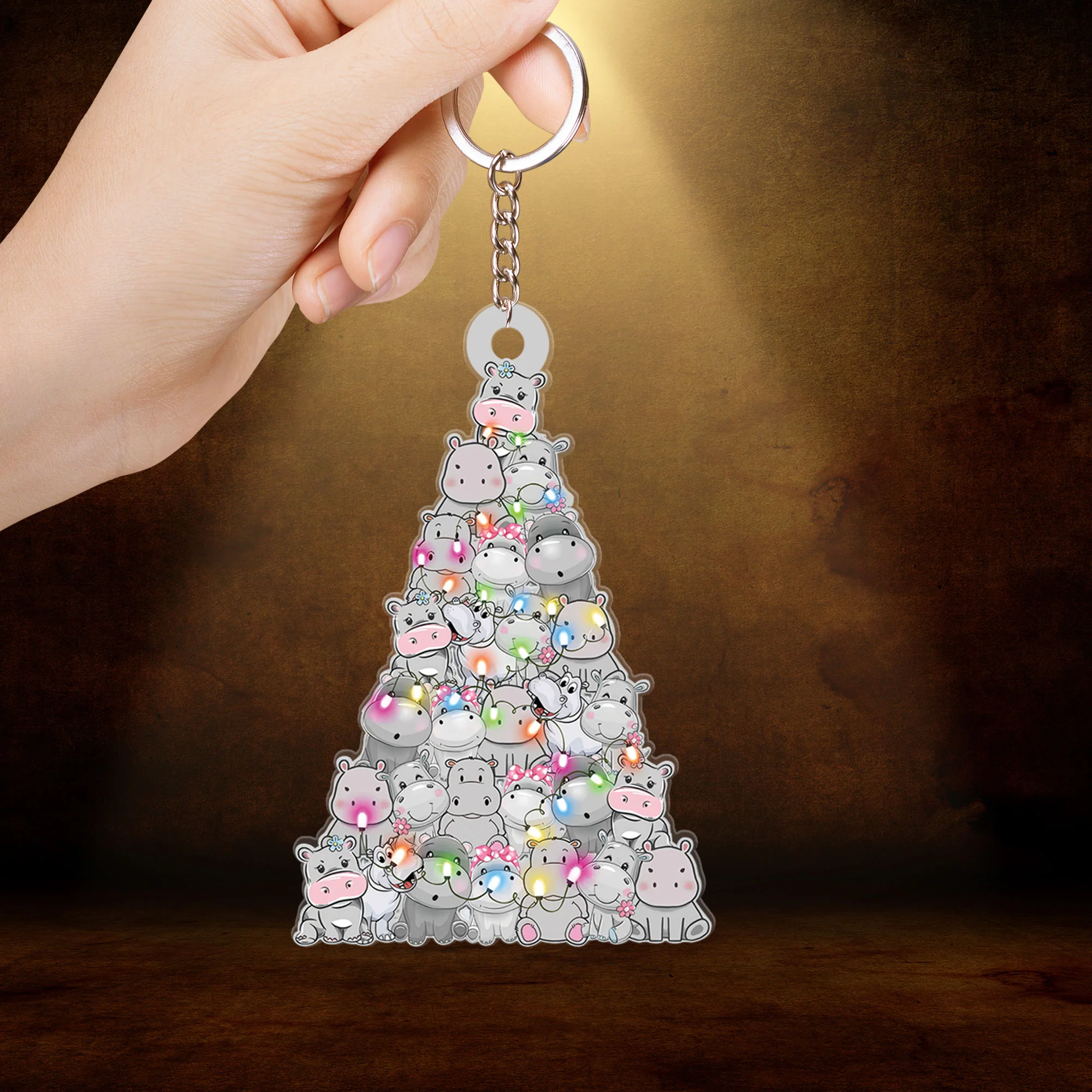 Custom Hippo Acrylic Christmas Keychain, Personalized Hippo Christmas Tree Shaped Christmas Acrylic Keychain for Hippo Lover - Image 2