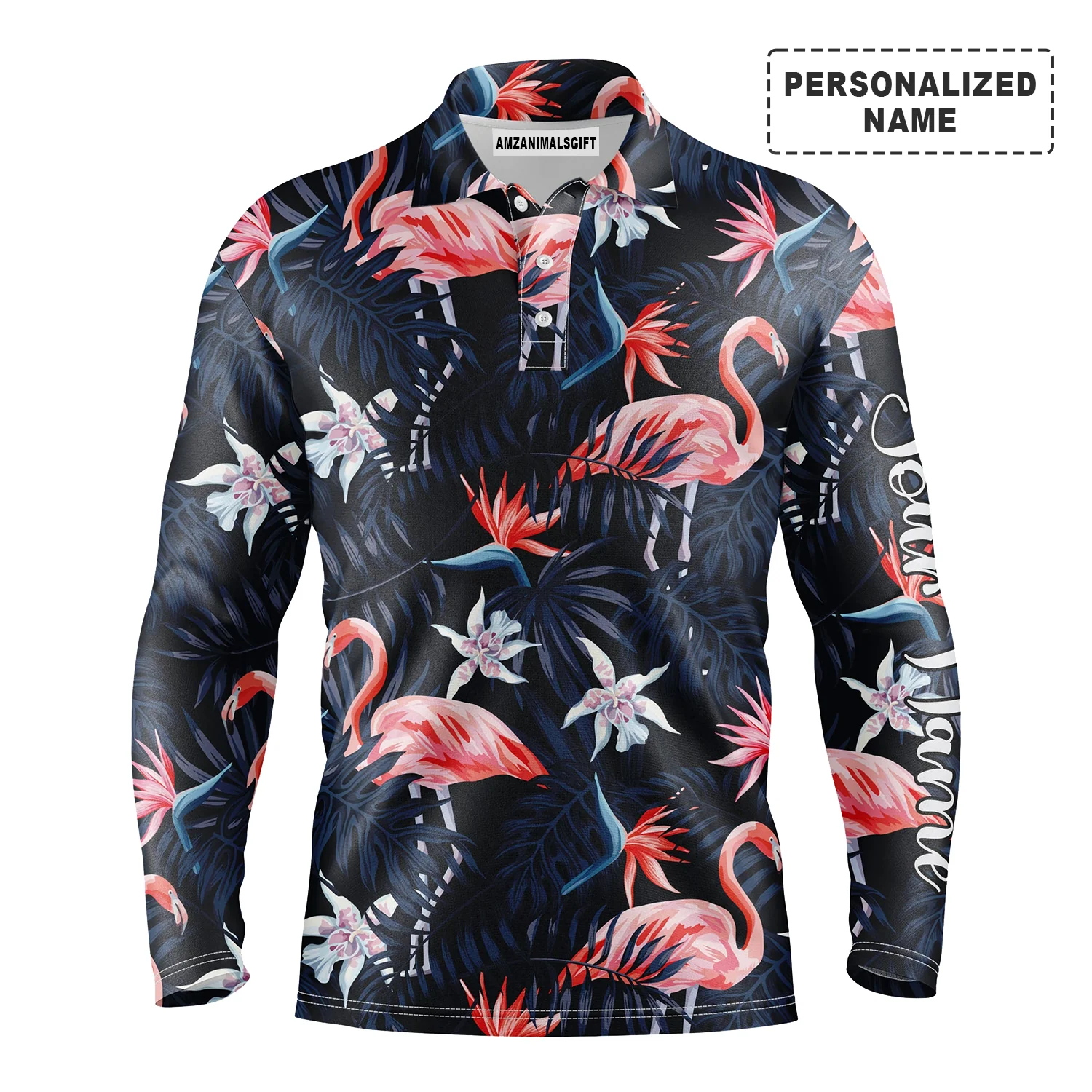 Custom Men Polo Shirt - Tropical Birds Pink Flamingo Dark Blue Palm Leaves Custom Name Apparel - Personalized Gift For Friends, Family - Image 2