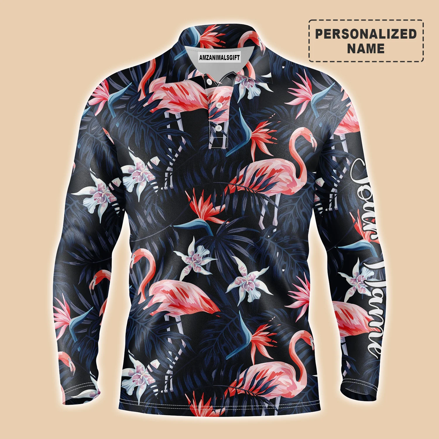 Custom Men Polo Shirt - Tropical Birds Pink Flamingo Dark Blue Palm Leaves Custom Name Apparel - Personalized Gift For Friends, Family - Image 3