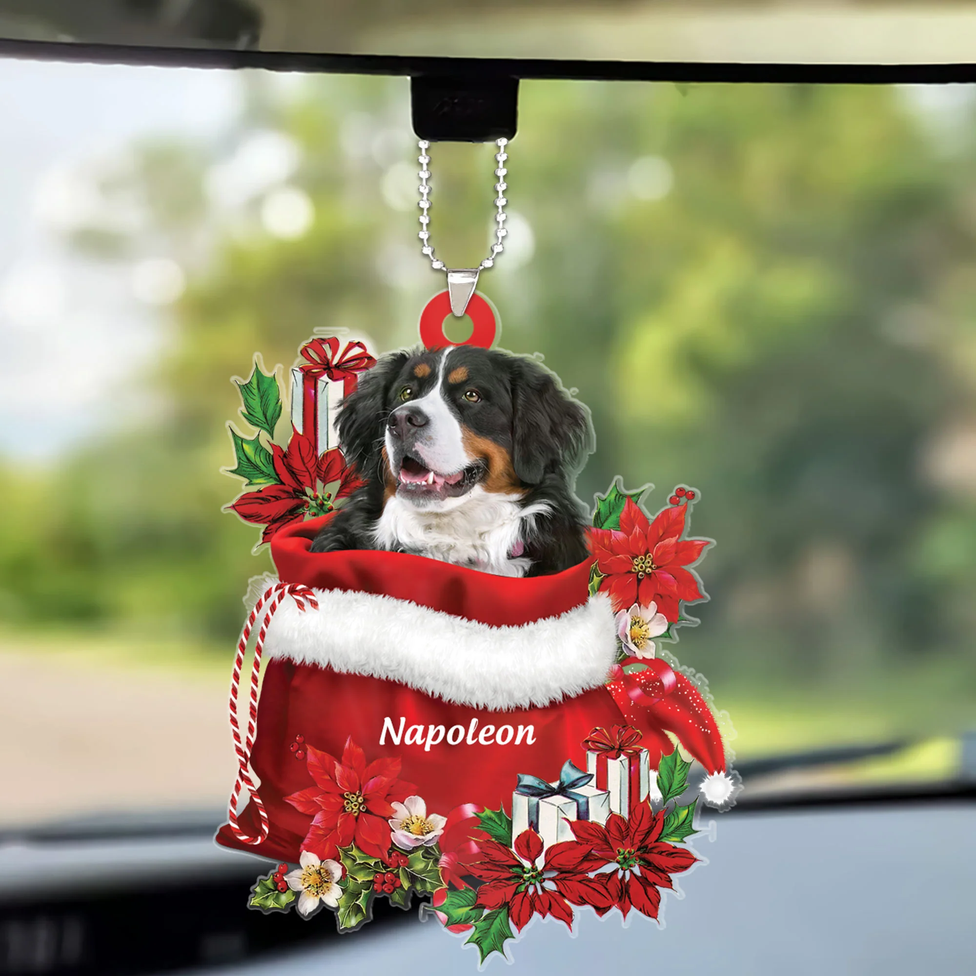 Custom Name Bernese Mountain In Red Gift Bag Christmas Car Ornament, Customized Christmas Gift For Dog Lovers, Dog Mom - Image 2