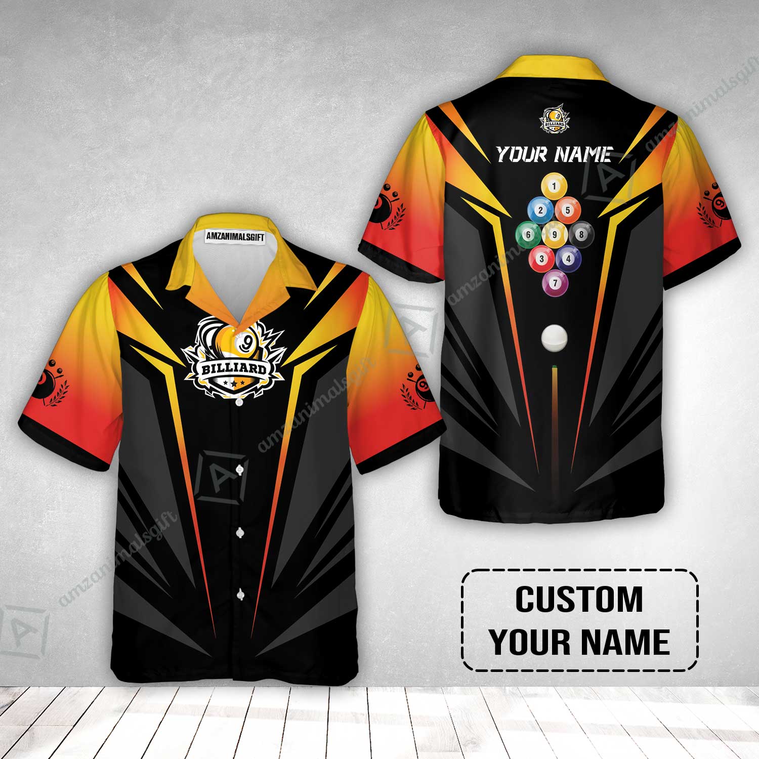 Custom Name Billiard Hawaiian Shirt, Nine-Ball In Orange Personalized 8 Ball Pool Billiards Hawaiian Shirt - Image 2