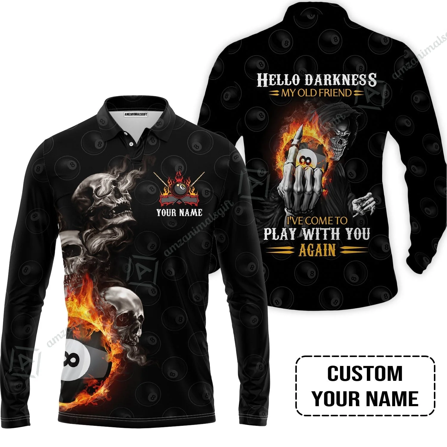 Custom Name Billiard Hawaiian Shirt, Personalized Skull Reaper 8 Ball Pool Billiards, Hello Darkness My Old Friend Hawaiian Shirt - Image 5