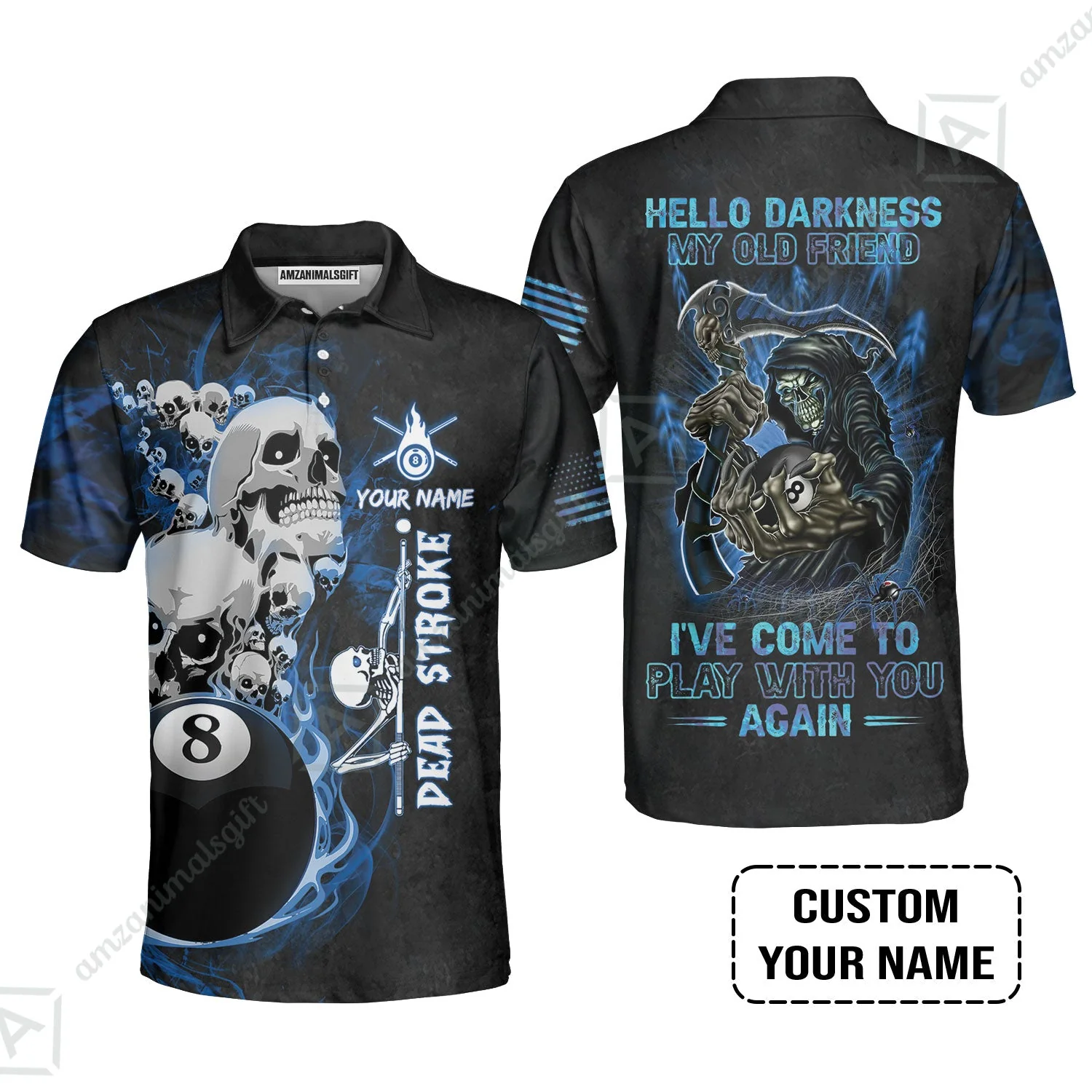 Custom Name Billiard Long Polo Shirt, Personalized Blue Galaxy 8 Ball Pool Billiards, Hello Darkness My Old Friend Long Polo Shirt For Billiards Lovers - Image 3