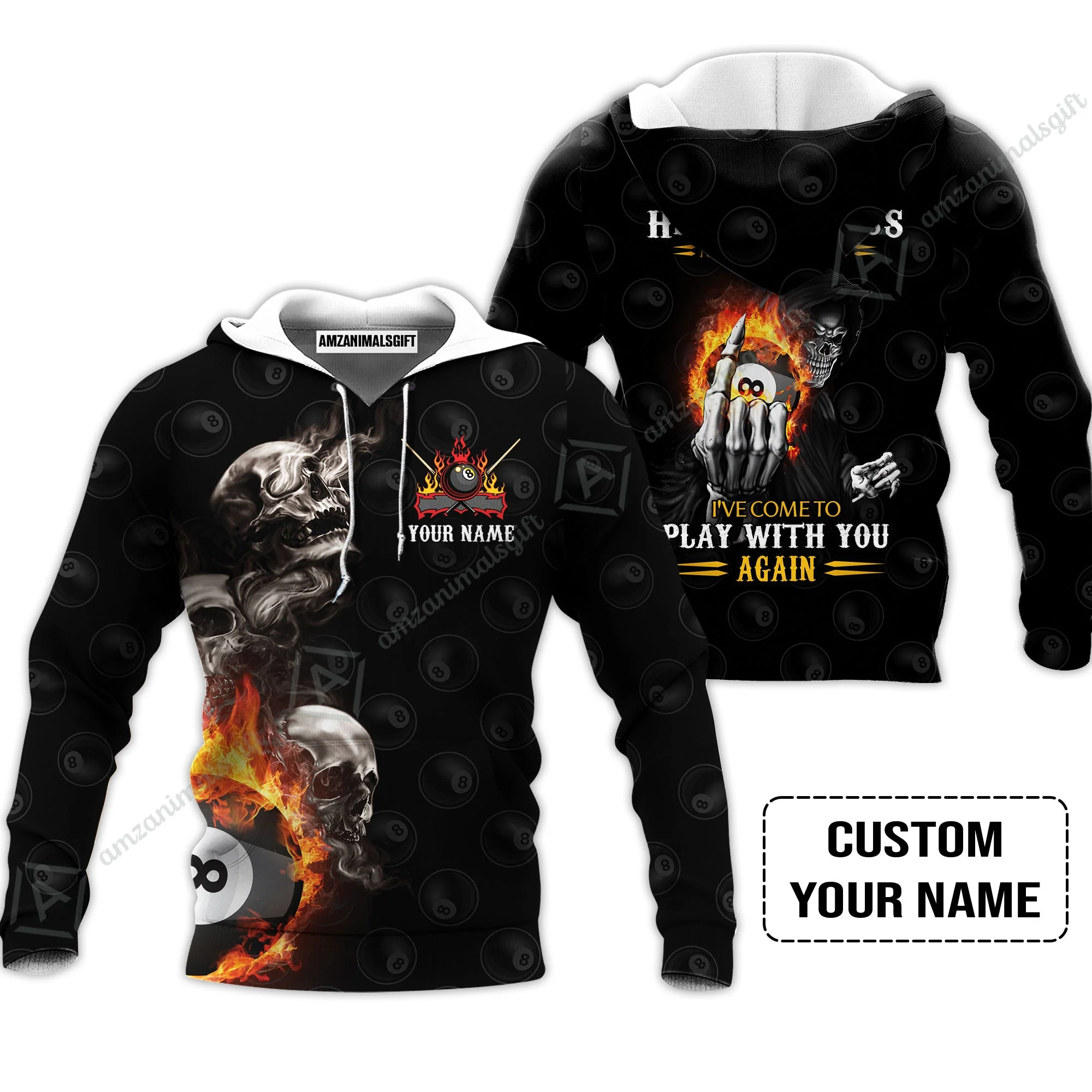 Custom Name Billiard Long Polo Shirt, Personalized Skull Reaper 8 Ball Pool Billiards, Hello Darkness My Old Friend Long Polo Shirt - Image 4