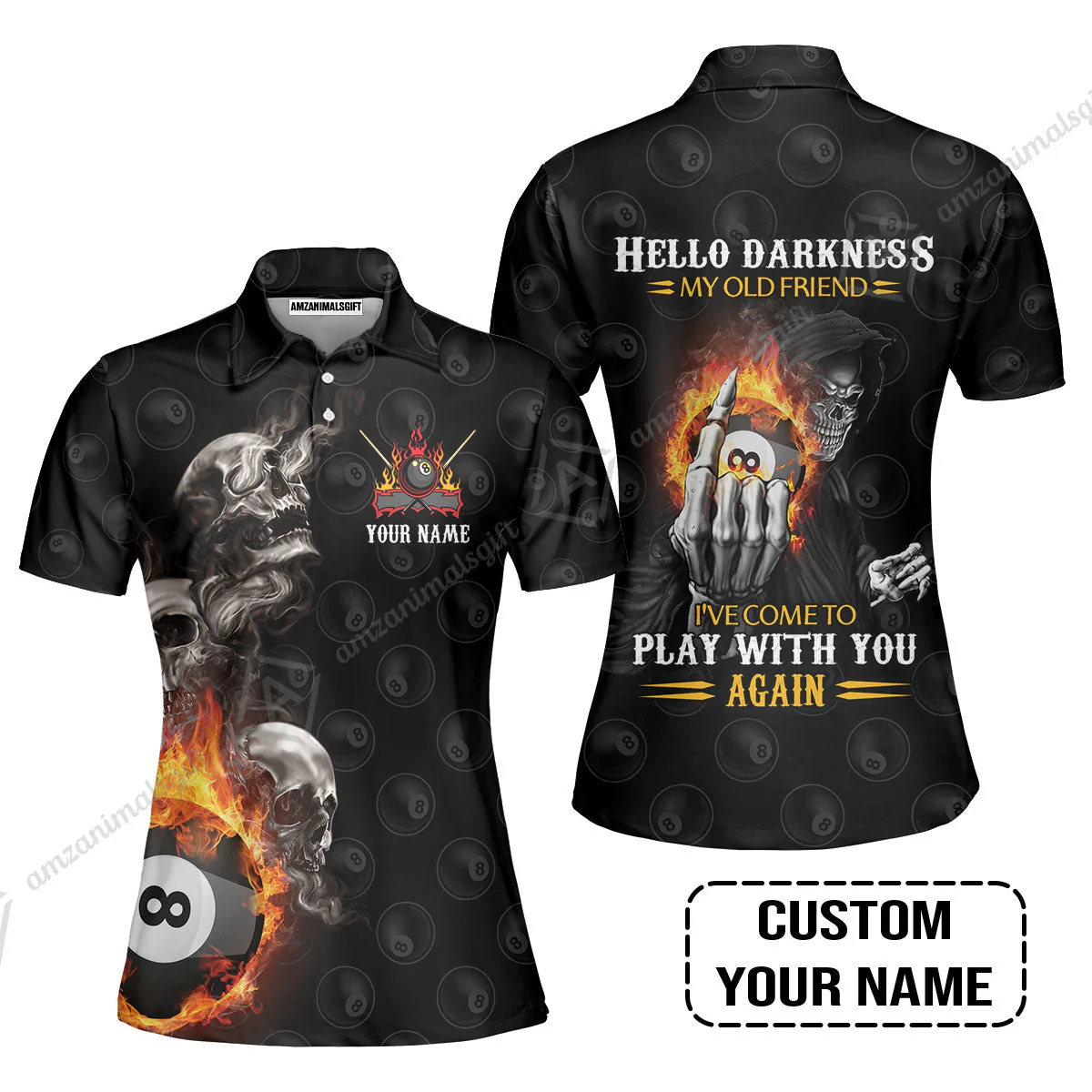 Custom Name Billiard Long Polo Shirt, Personalized Skull Reaper 8 Ball Pool Billiards, Hello Darkness My Old Friend Long Polo Shirt - Image 5
