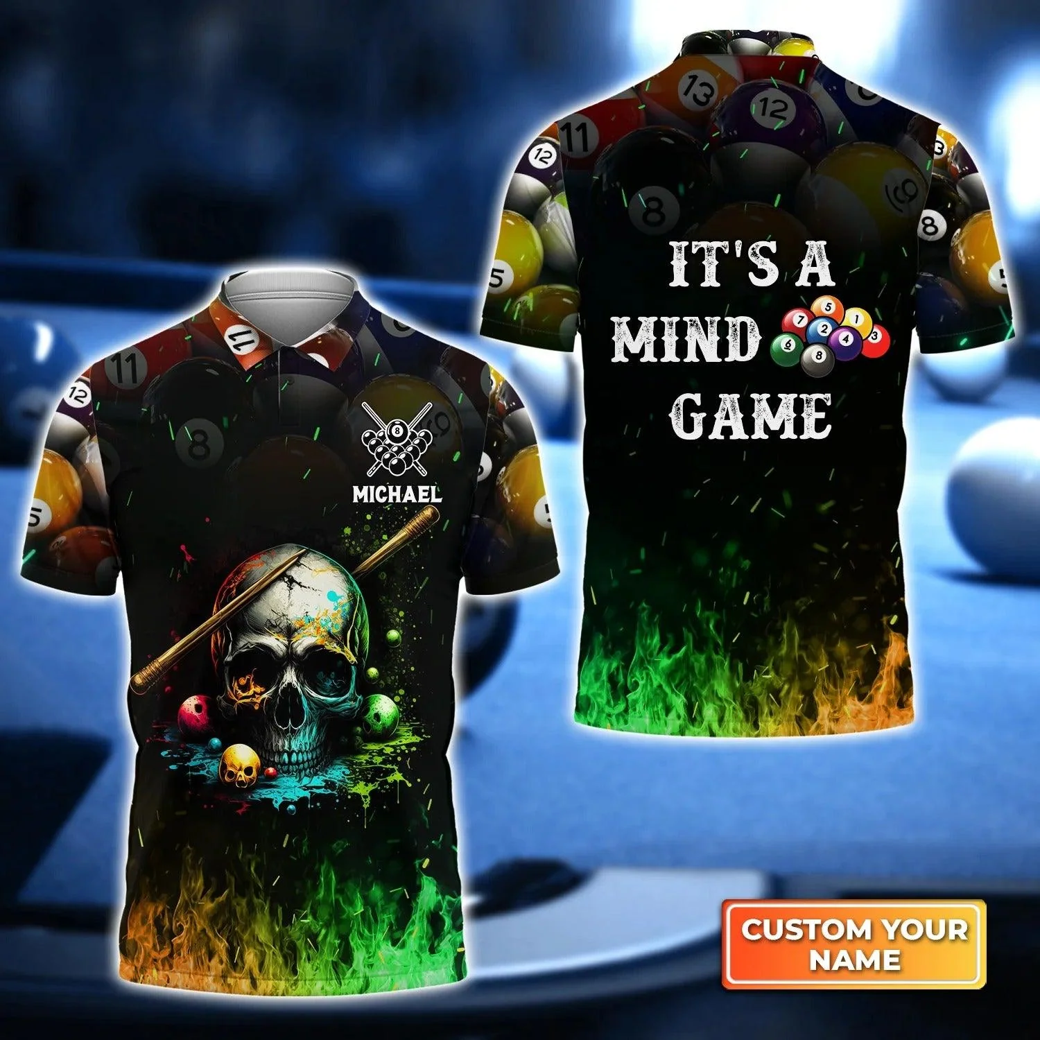 Custom Name Billiard Men Polo Shirt, Dead Stroke Skull Billiards On Fire Personalized 8 Ball Pool Billiards Polo Shirts, Gift For Billiards Lovers