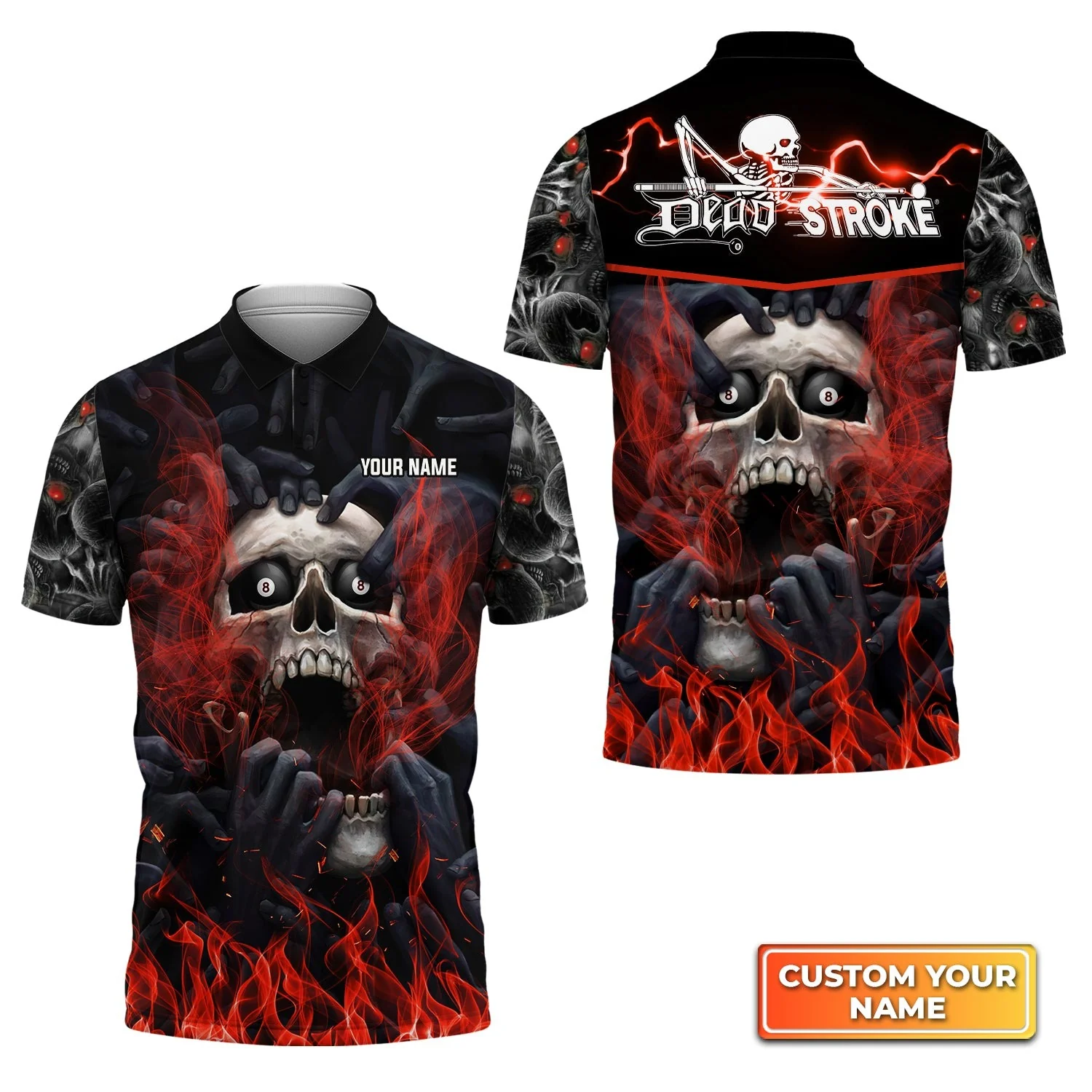 Custom Name Billiard Men Polo Shirt, Dead Stroke Skull On Fire Personalized 8 Ball Pool Billiards Polo Shirts, Gift For Billiard Lovers, Players - Image 2