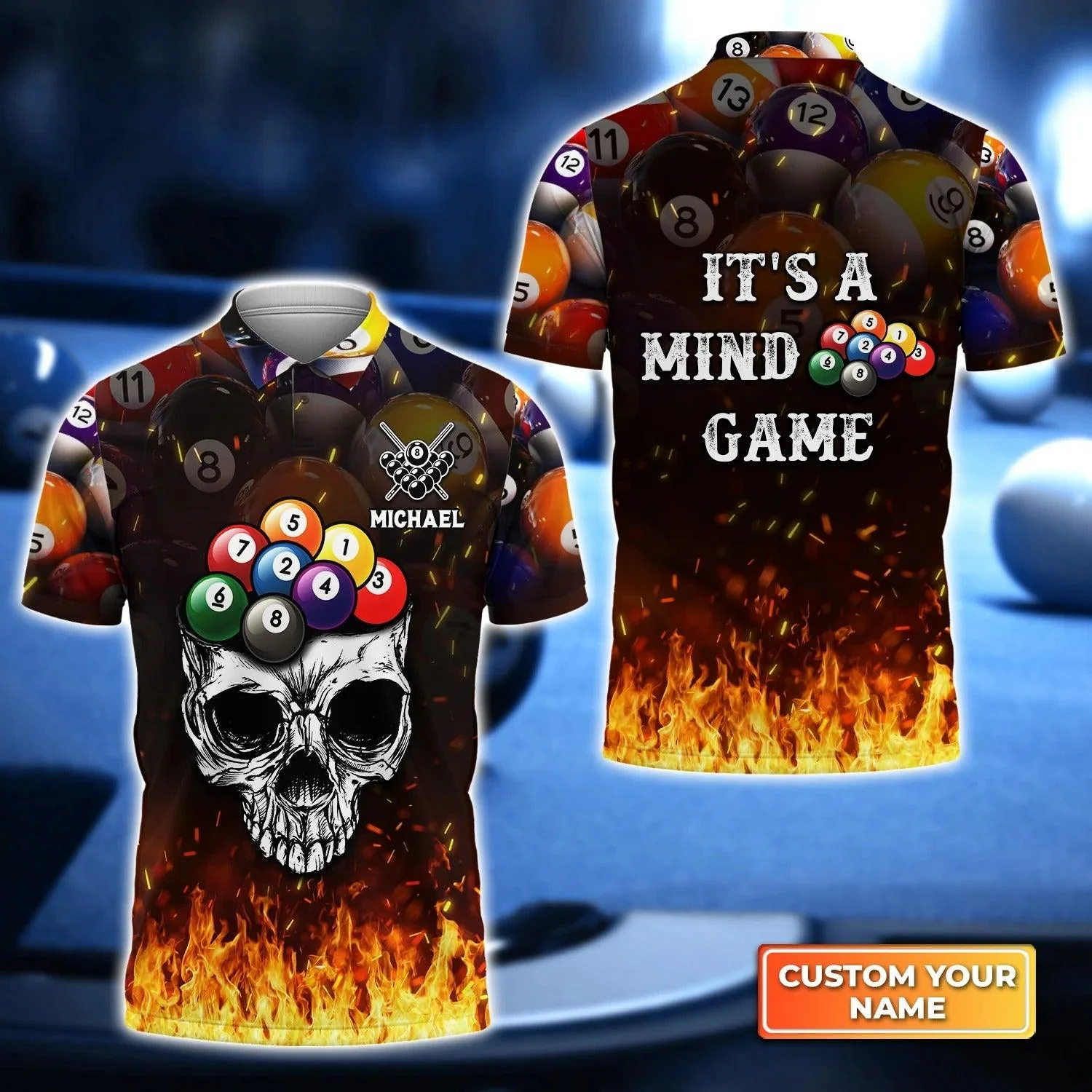 Custom Name Billiard Men Polo Shirt, It's A Mind Game Personalized Skull 8 Ball Pool Billiards Polo Shirts, Gift For Men, Billiard Lovers, Players