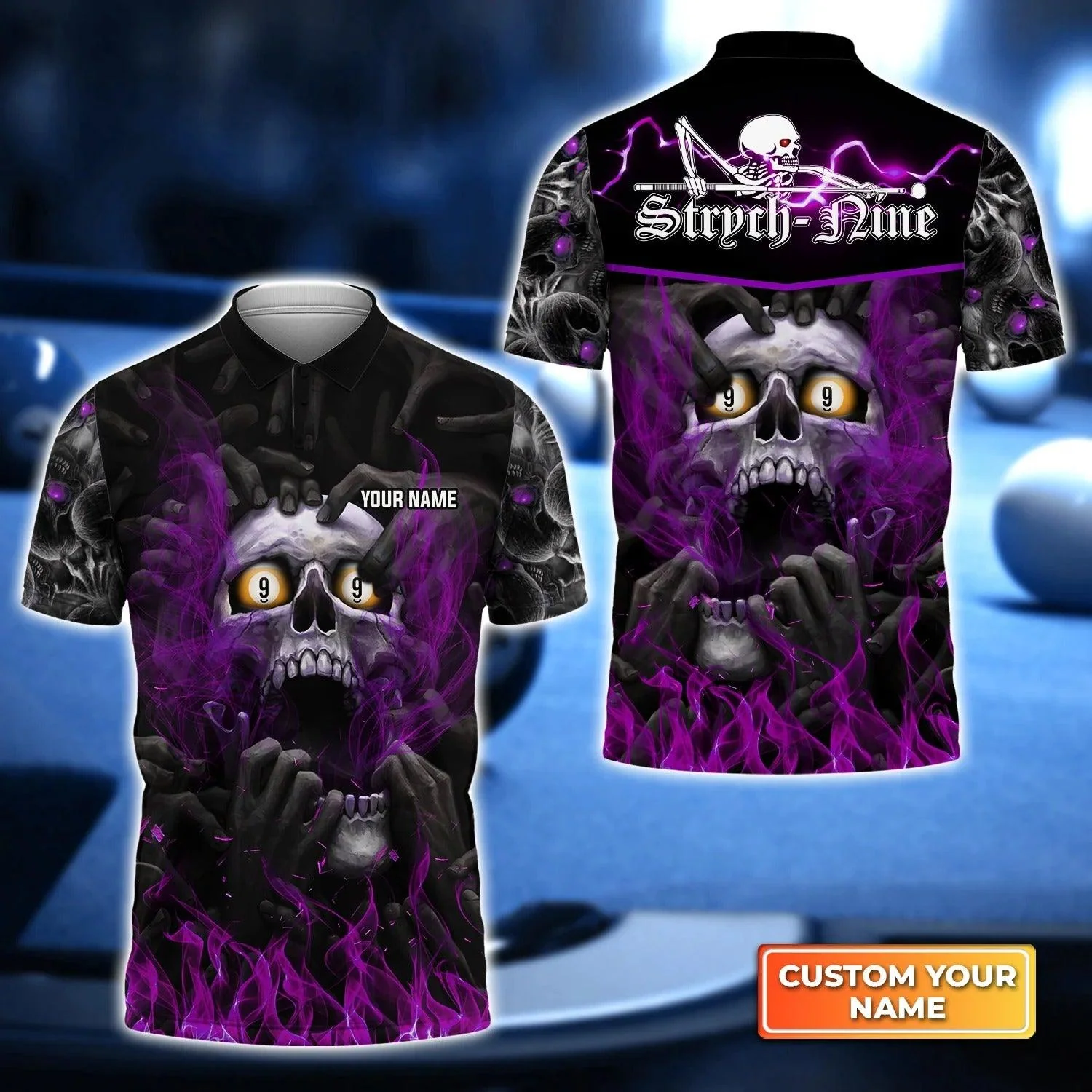 Custom Name Billiard Men Polo Shirt, Personalized 8 Ball Pool Billiards Polo Shirts, Strychnine Skull On Fire, Gift For Men, Billiard Lovers, Players