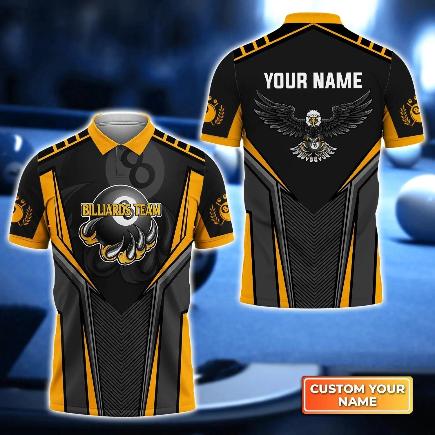 Custom Name Billiard Men Polo Shirt, Personalized Black Eagle Teams 8 Ball Pool Billiards Polo Shirts, Gift For Men, Billiard Lovers, Billiard Players