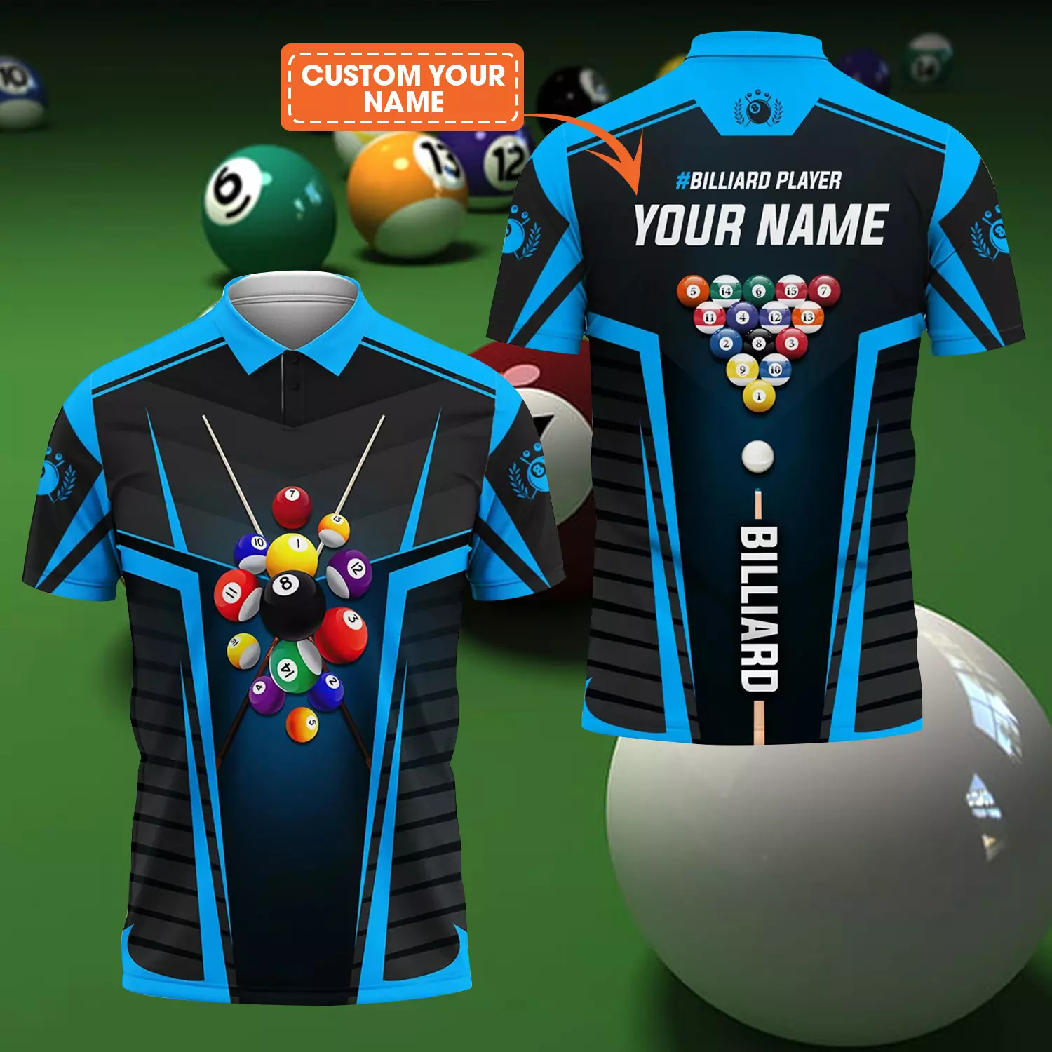 Custom Name Billiard Men Polo Shirt, Personalized Blue 8 Ball Pool Billiards Polo Shirts, Perfect Gift For Men, Billiards Lovers, Billiards Players