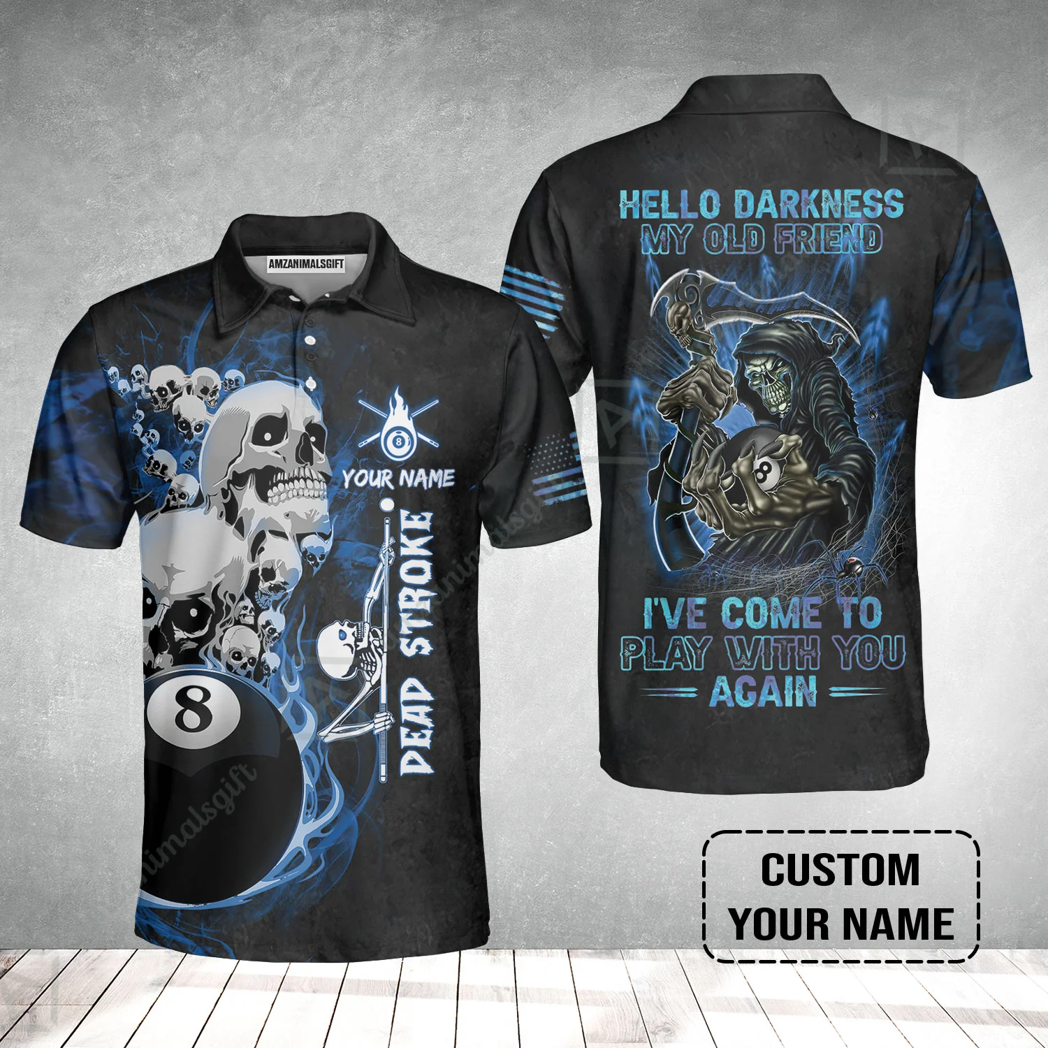 Custom Name Billiard Men Polo Shirt, Personalized Blue Galaxy 8 Ball Pool Billiards, Hello Darkness My Old Friend Polo Shirts For Billiards Lovers - Image 2