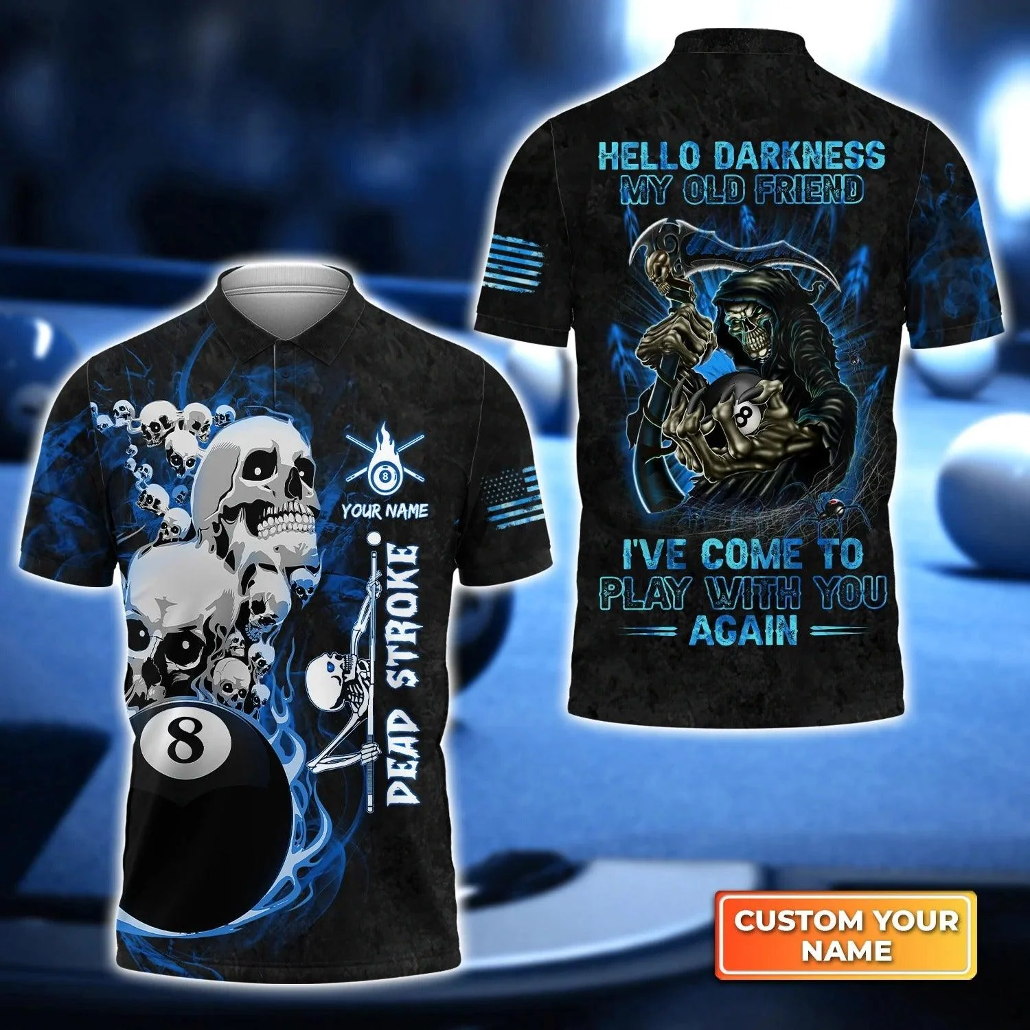 Custom Name Billiard Men Polo Shirt, Personalized Blue Galaxy 8 Ball Pool Billiards Polo Shirts For Billiards Lovers, Hello Darkness My Old Friend