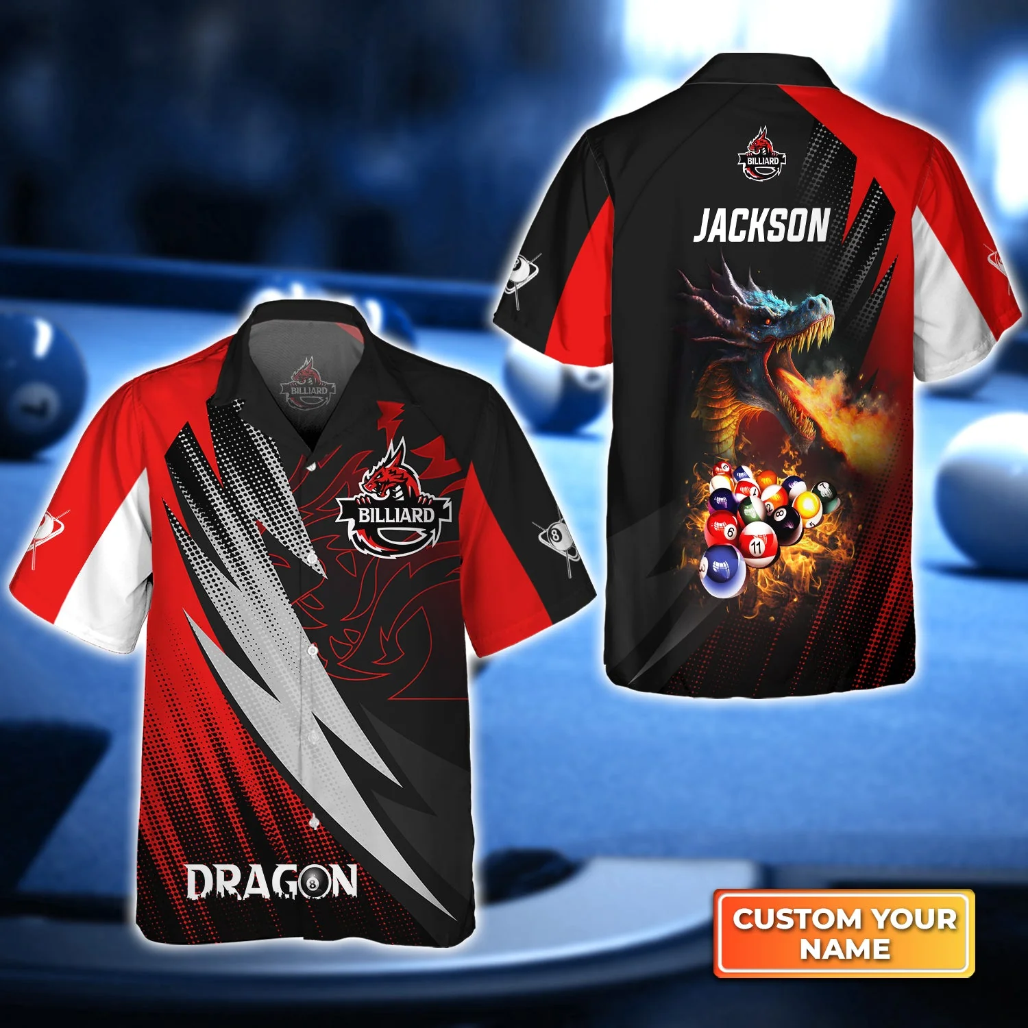 Custom Name Billiard Men Polo Shirt, Personalized Dragon Team On Fire 8 Ball Pool Billiards Polo Shirt, Gift For Billiard Lovers, Billiard Players - Image 2