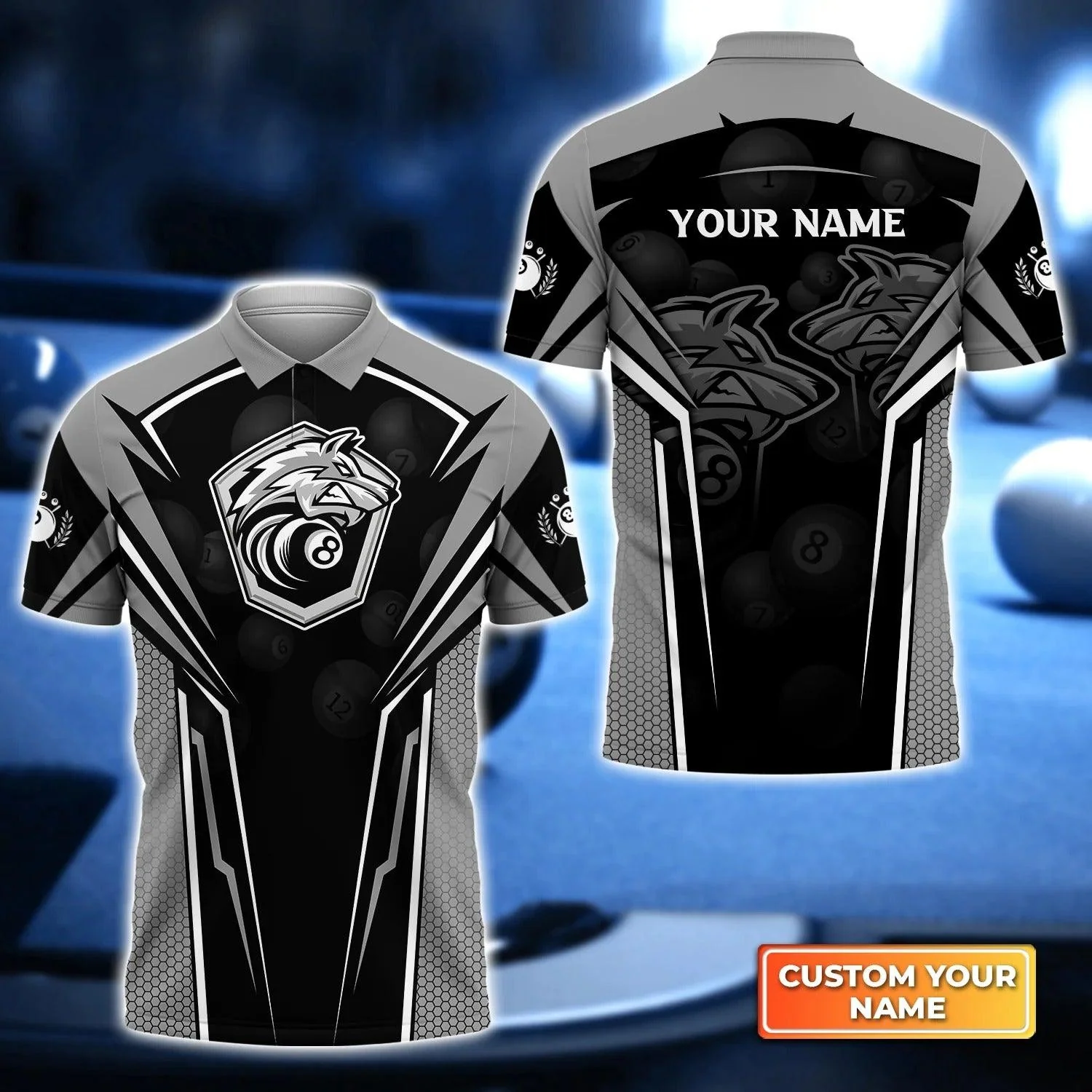 Custom Name Billiard Men Polo Shirt, Personalized Grey Wolf Team 8 Ball Pool Billiards Polo Shirts, Gift For Men, Billiard Lovers, Billiard Players